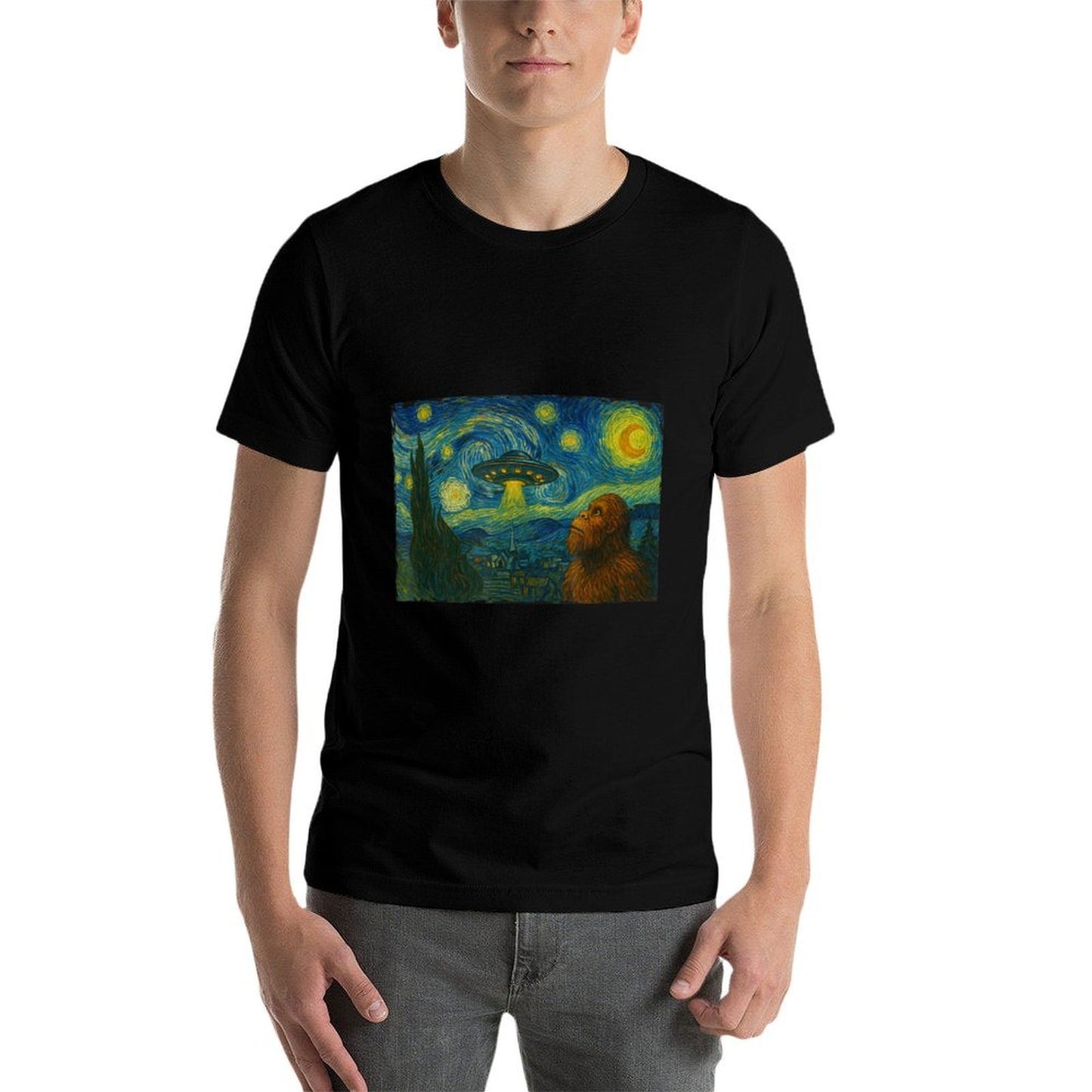 Starry Night UFO Bigfoot Funny Sci-Fi Van Gogh Painting Ribbed Collar T-Shirt