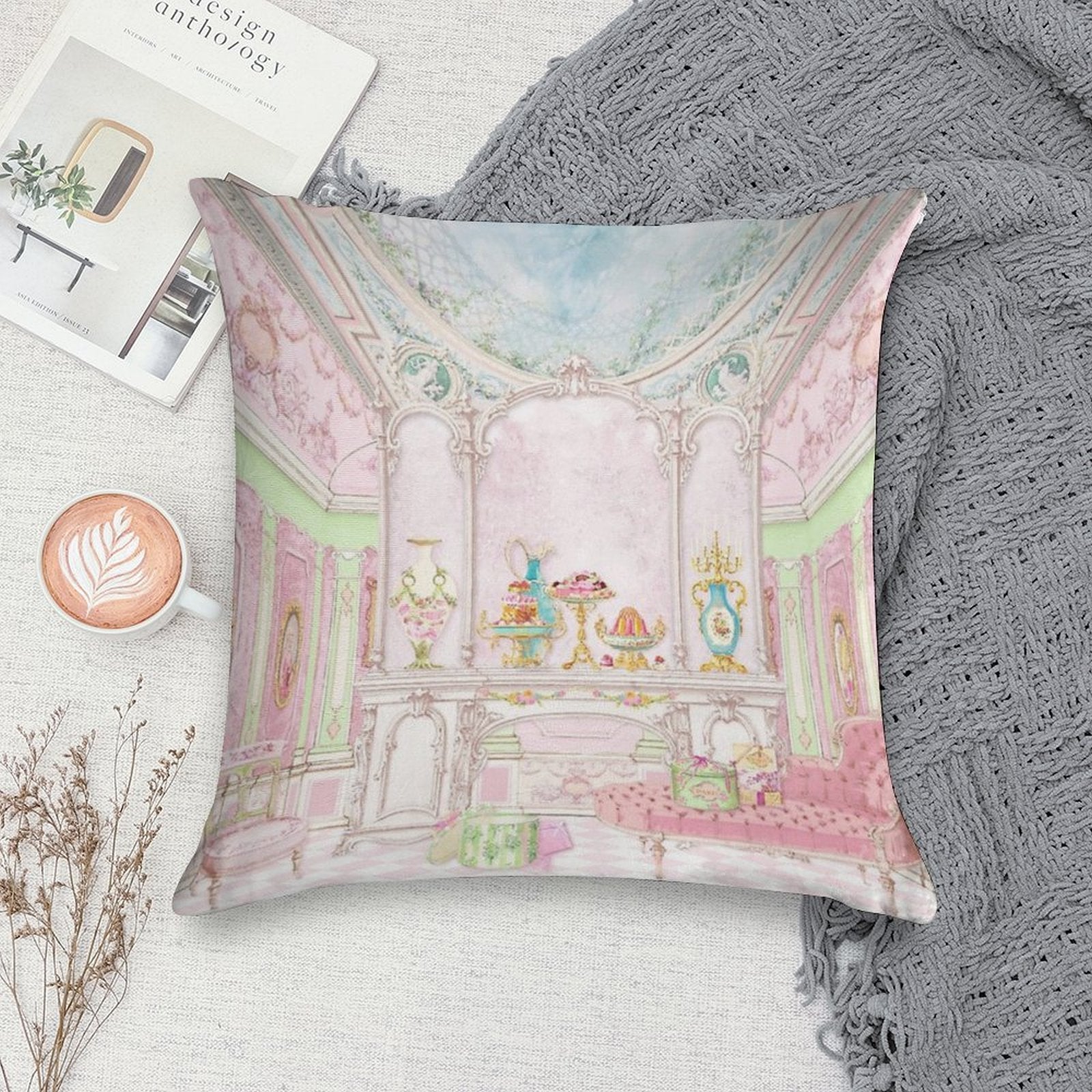 French Patisserie, Marie Antoinette Pink Cake Shop Diorama Soft Style Accent Throw Pillow
