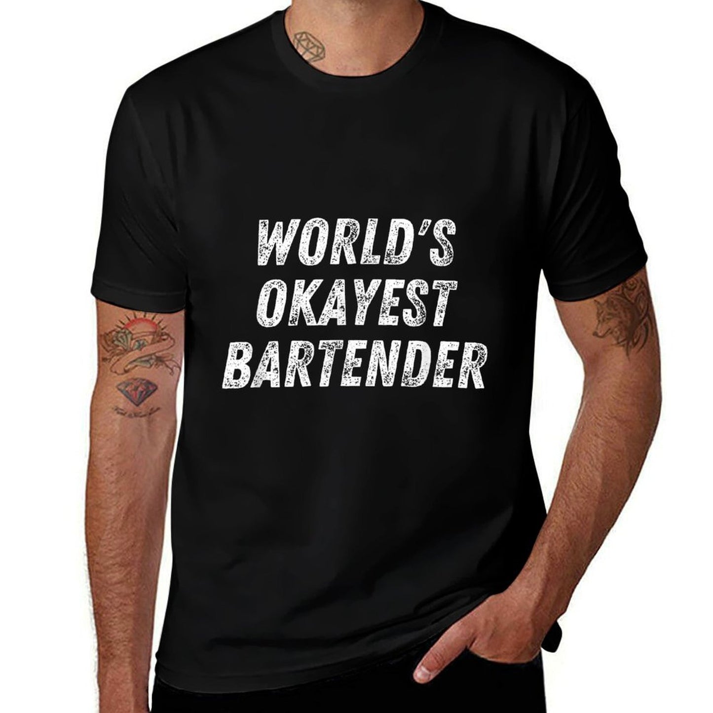Worlds Okayest Bartender Funny Bartending Mixologist Ribbed Collar T-Shirt