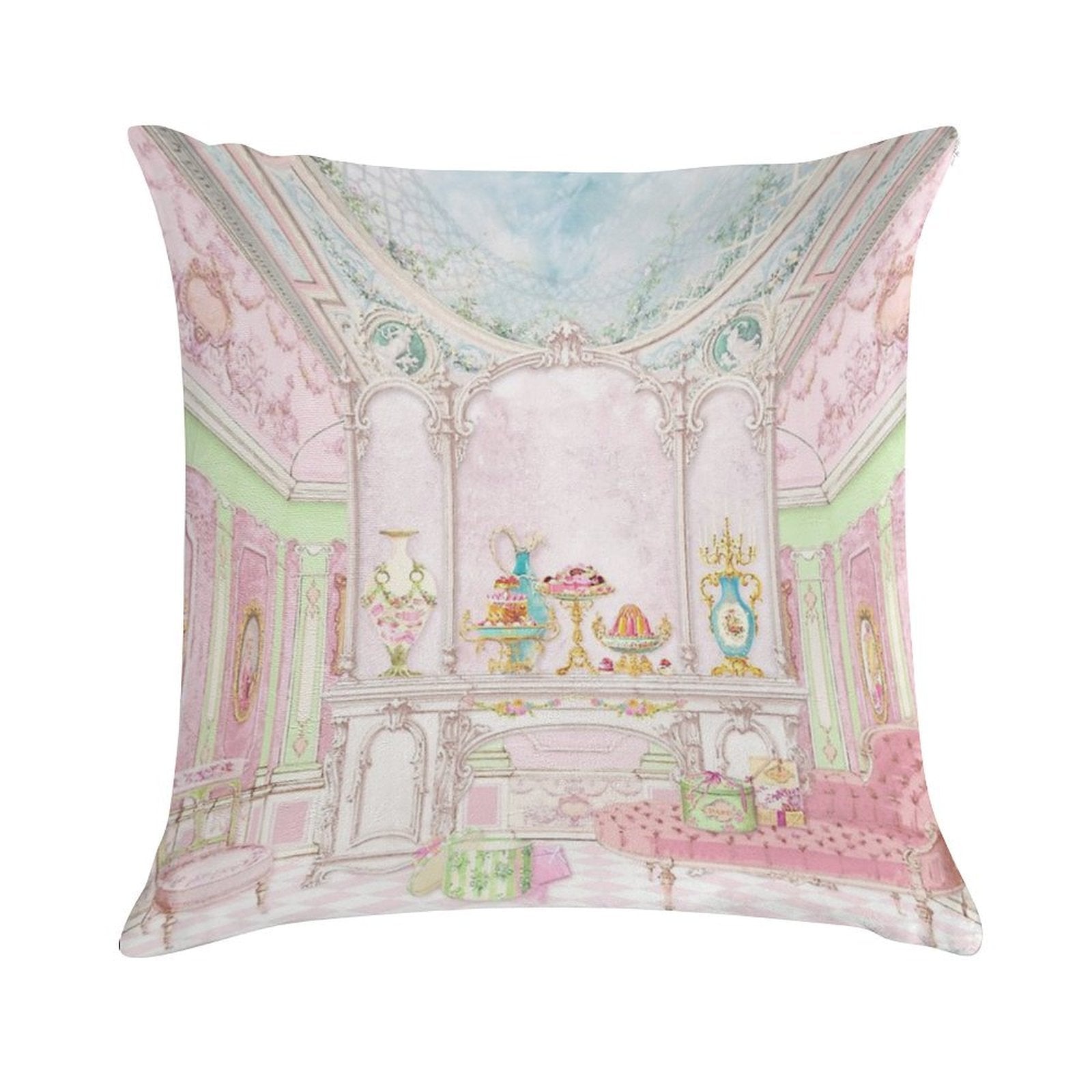 French Patisserie, Marie Antoinette Pink Cake Shop Diorama Soft Style Accent Throw Pillow