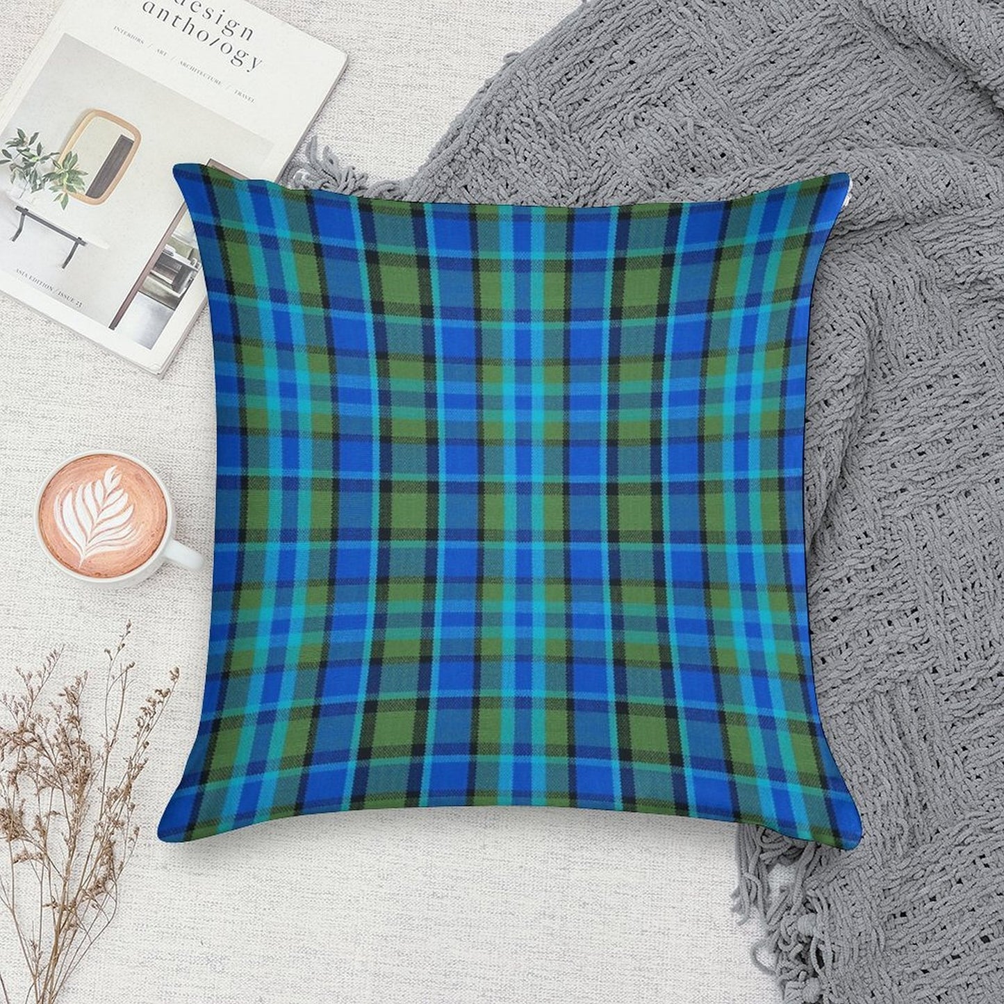 Westy Tartan Blue Plaid for Bulli Bus Camper Soft Multiple Sizes Throw Pillow
