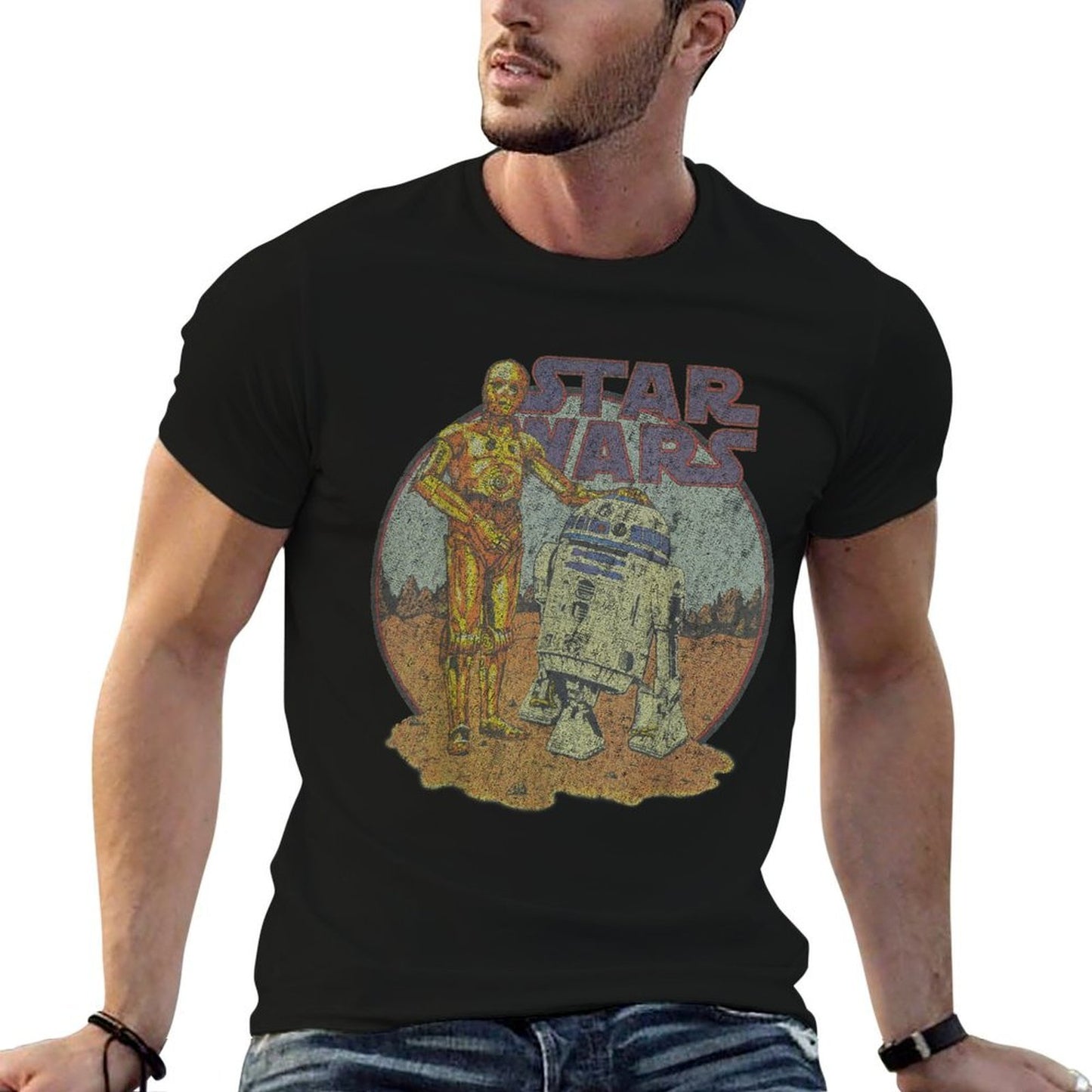 Star Wars R2-D2 C-3PO Distressed Portrait Ribbed Collar T-Shirt