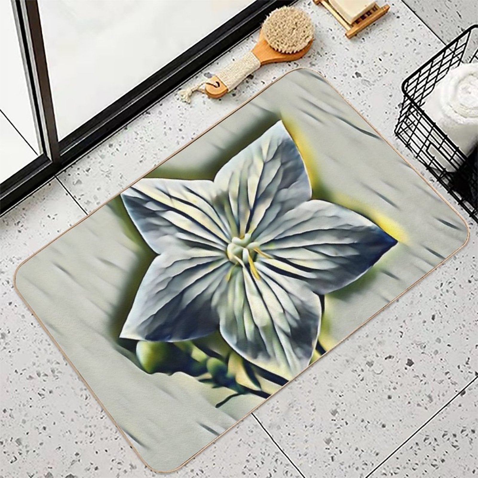 7 Elegant White Flower Designs with Yellow Heart  Minimal Floral Art Print  Toxin-Free Bath Mat