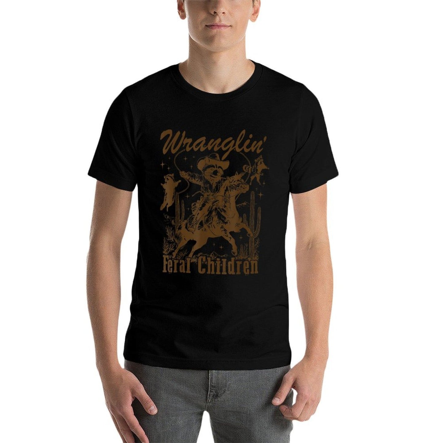 Wrangling Feral Children Funny Cowboy Raccoon Western Animal Tagless Design T-Shirt