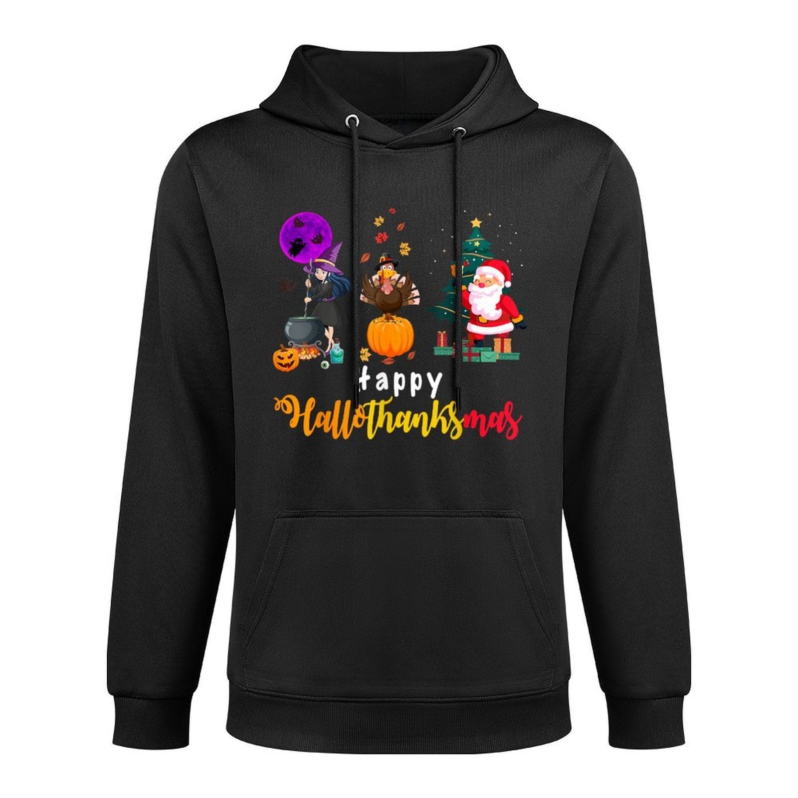 Happy Hallothanksmas Halloween Thanksgiving Merry Christmas Adjustable Hood Hoodie