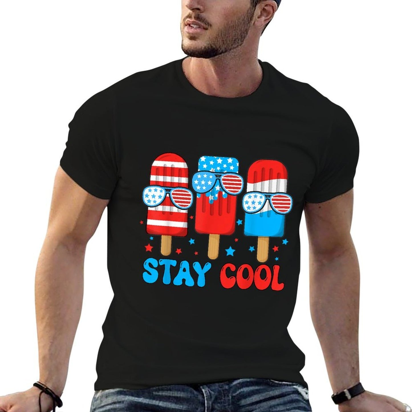 Stay Cool Popsicle Boys Men 4th July American Flag USA Lightweight T-Shirt