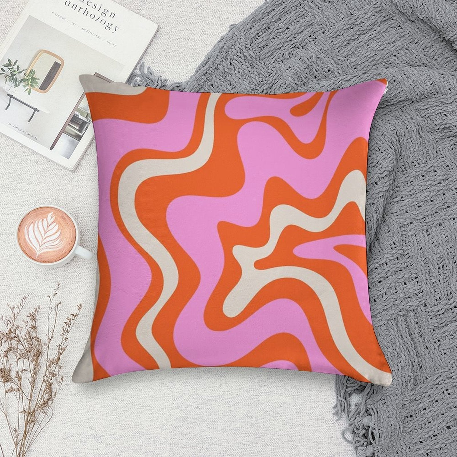 Retro Liquid Swirl Abstract Pattern Hot Pink Bright Orange Cream Soft Durable Construction Throw Pillow