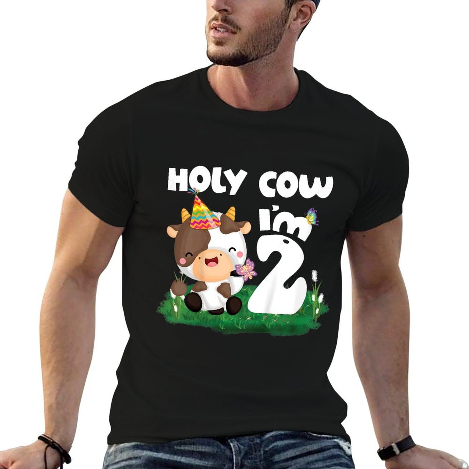 Kids Holy Cow I'm 2 Two Birthday Girl Boy Moo Moo 2nd Birthday Comfortable T-Shirt