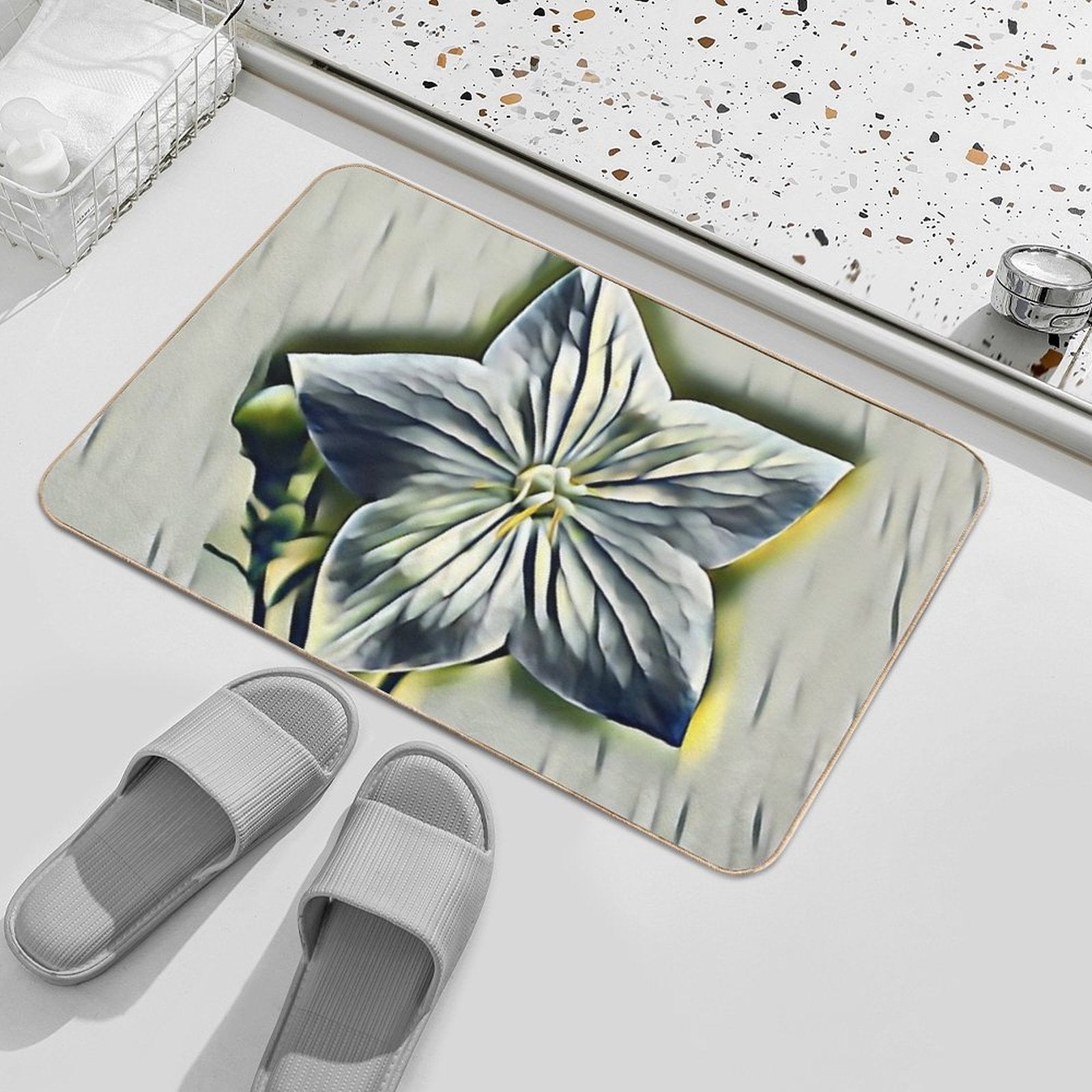 7 Elegant White Flower Designs with Yellow Heart  Minimal Floral Art Print  Toxin-Free Bath Mat