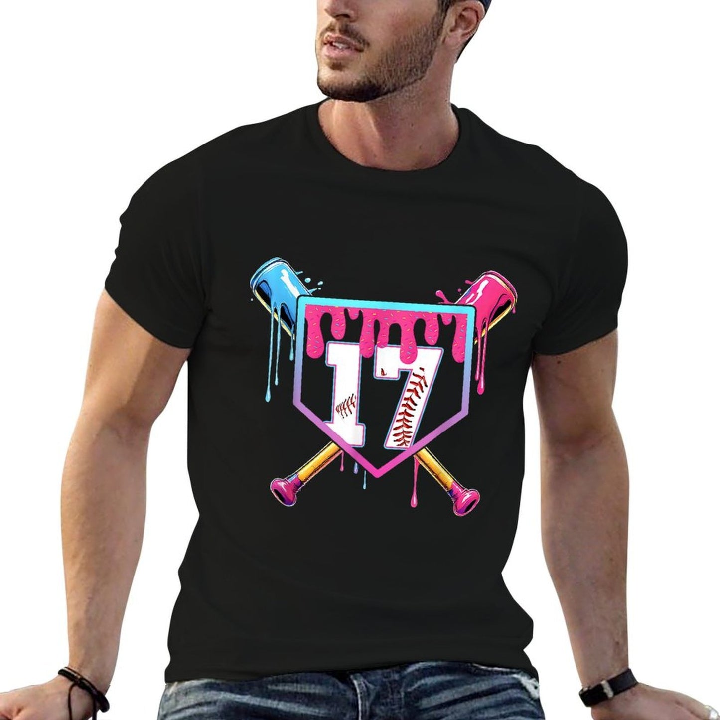 17th Birthday Ice Cream Drip Baseball Splatter 17 Years Kids High-quality Stitching T-Shirt