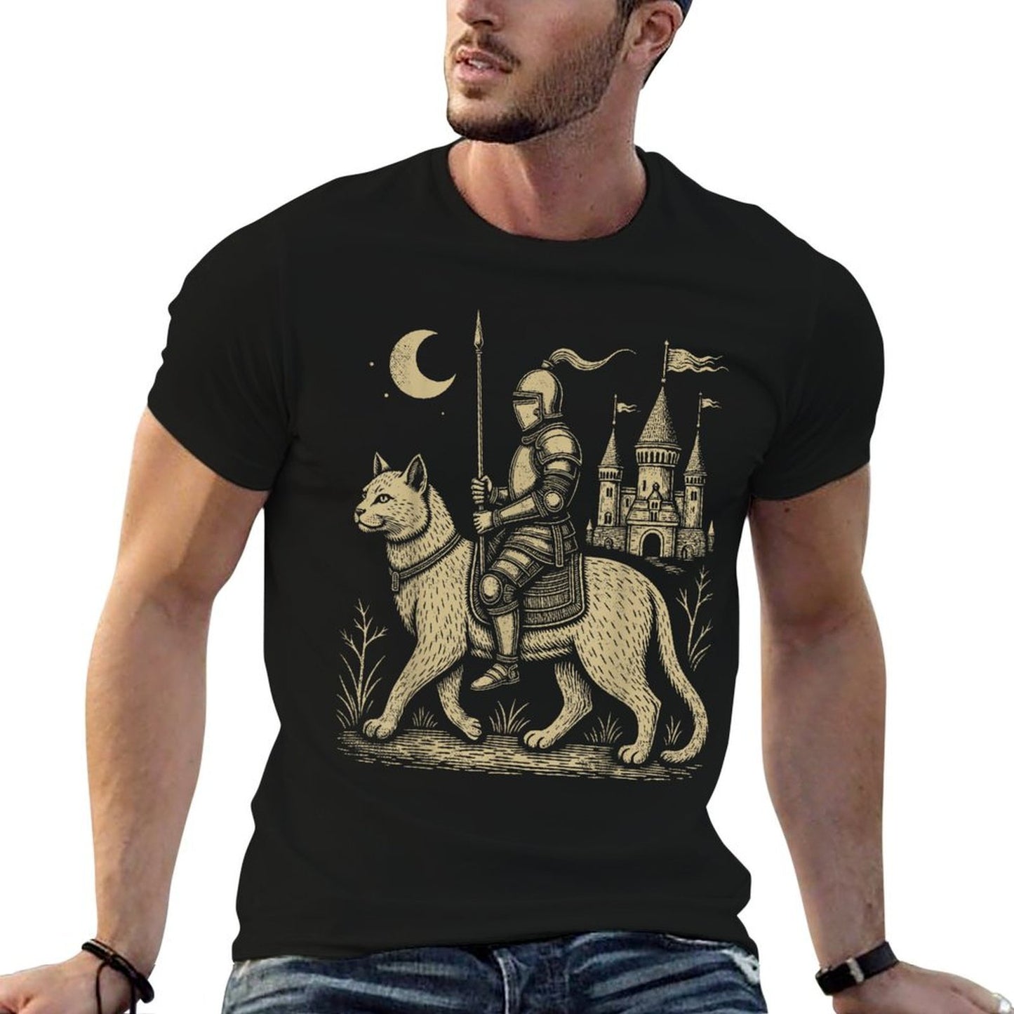 Weird Medieval Cat Middle Ages Armored Knight Riding Cat Relaxed-fit T-Shirt