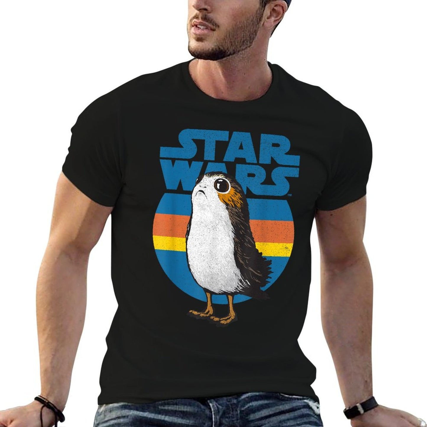 Star Wars Last Jedi Porg Retro Stripes Logo Graphic Ribbed Collar T-Shirt