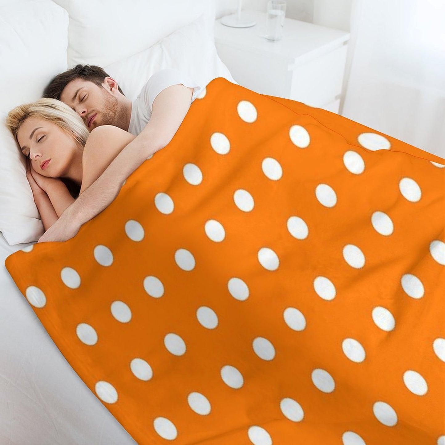 White And Calendula Orange Textured Polka Dot Grid Plush Throw Blanket