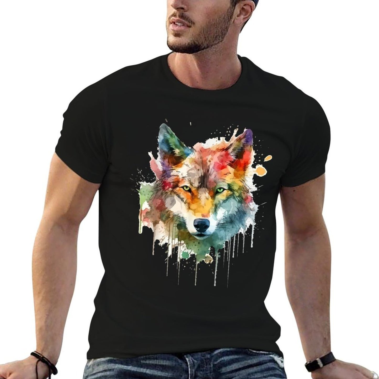 Wolf Head Watercolor Polyester Blend T-Shirt