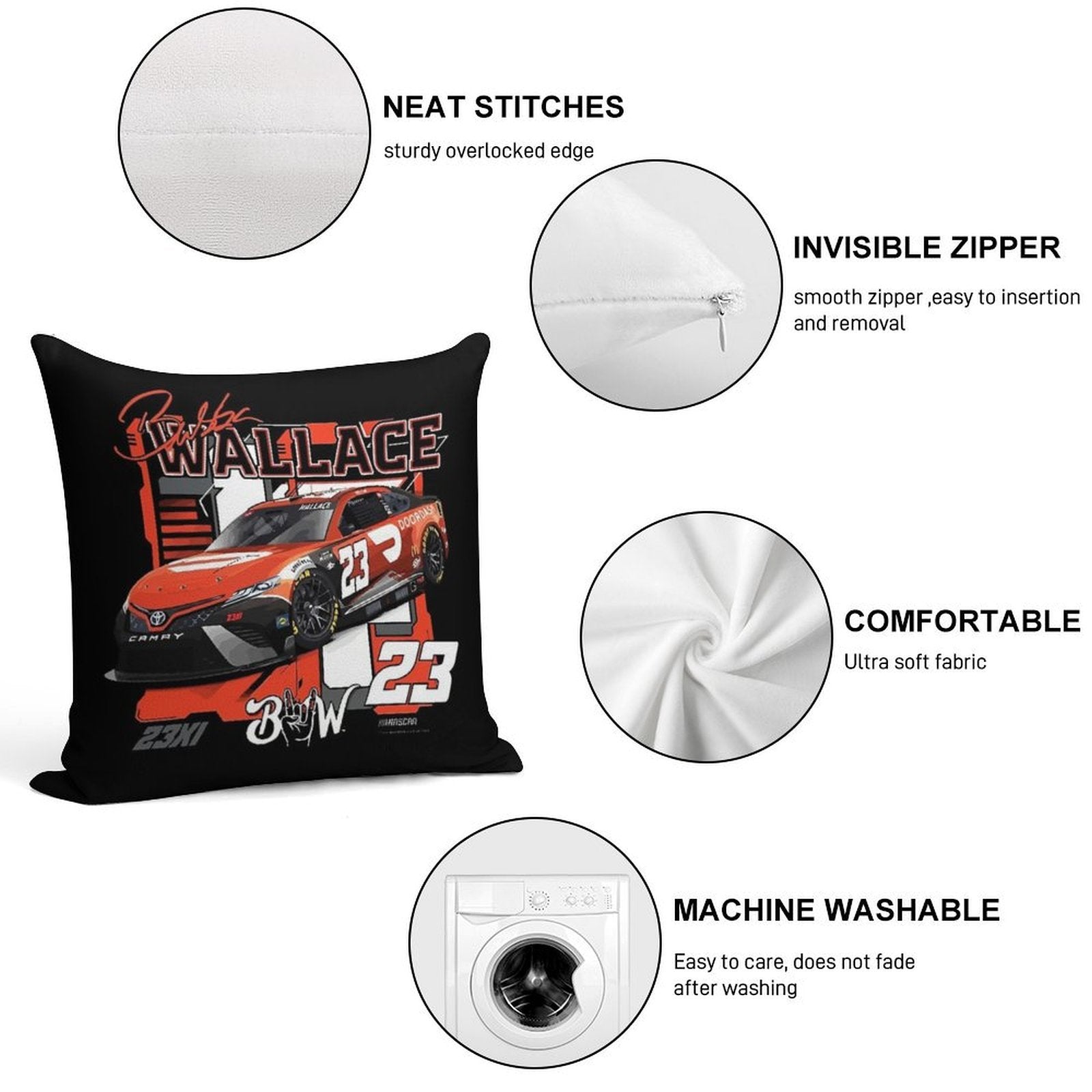 Bubba Wallace 23 Nascar Racing Car Soft Hidden Zipper Throw Pillow