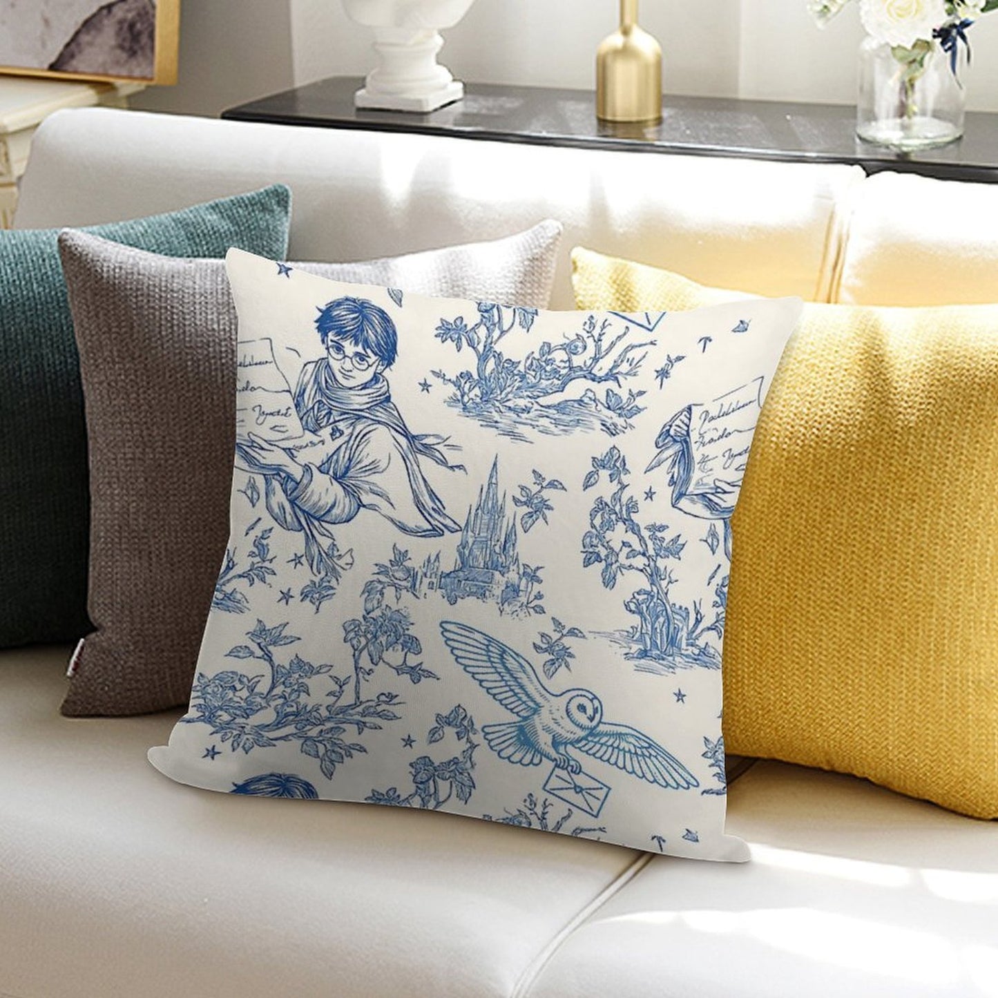 Wizarding World Pattern - Young Wizard And Owl Toile De Jouy Soft Anti-Pilling Throw Pillow
