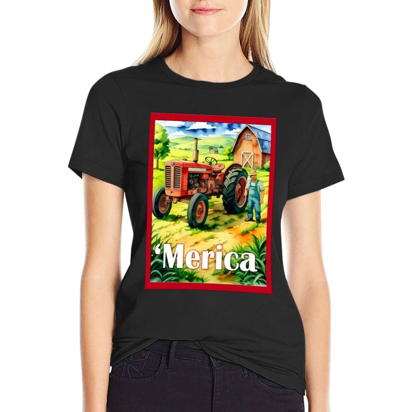Watercolor Style Americana Farm Scene Graphic-printed T-Shirt