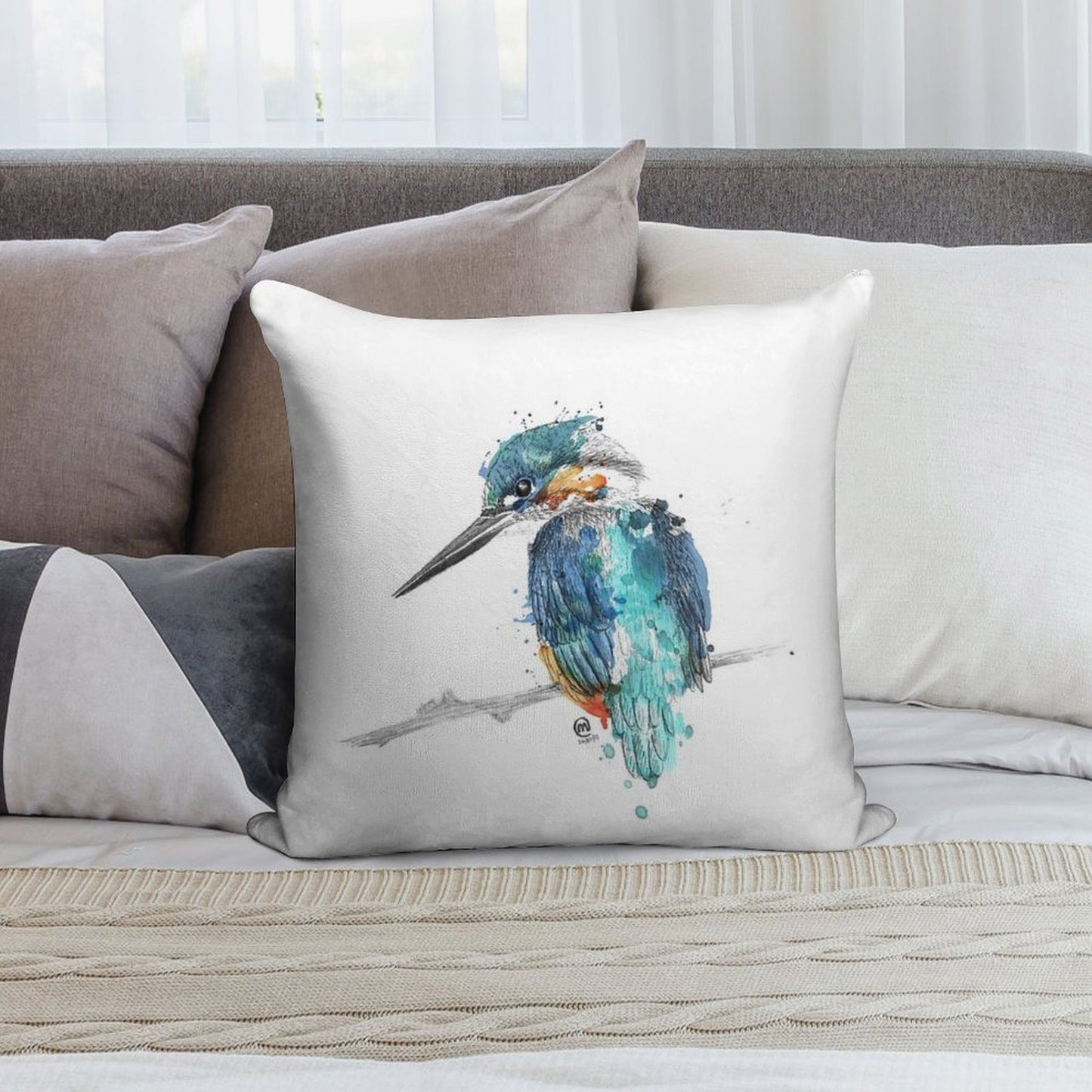 Watercolour Kingfisher Soft Easy Maintenance Throw Pillow