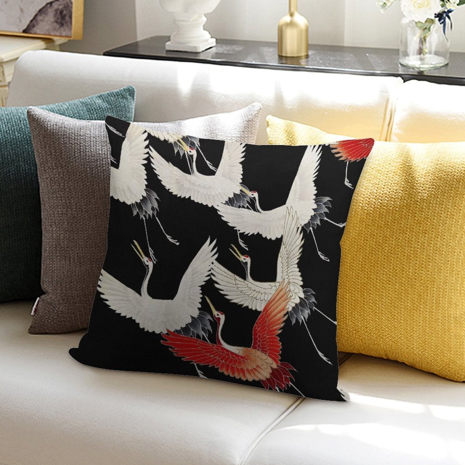 Myriad Flying Cranes in A Furisode (1910–1920) Soft Shrink-Resistant Throw Pillow