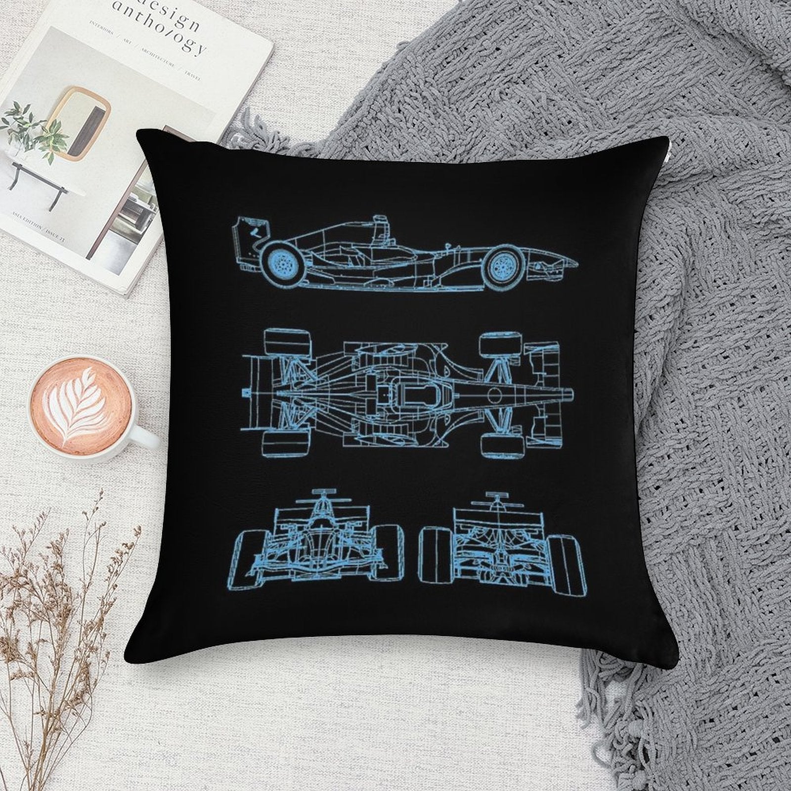 Racing Car Blueprint Project Light Blue Soft Durable Construction Throw Pillow
