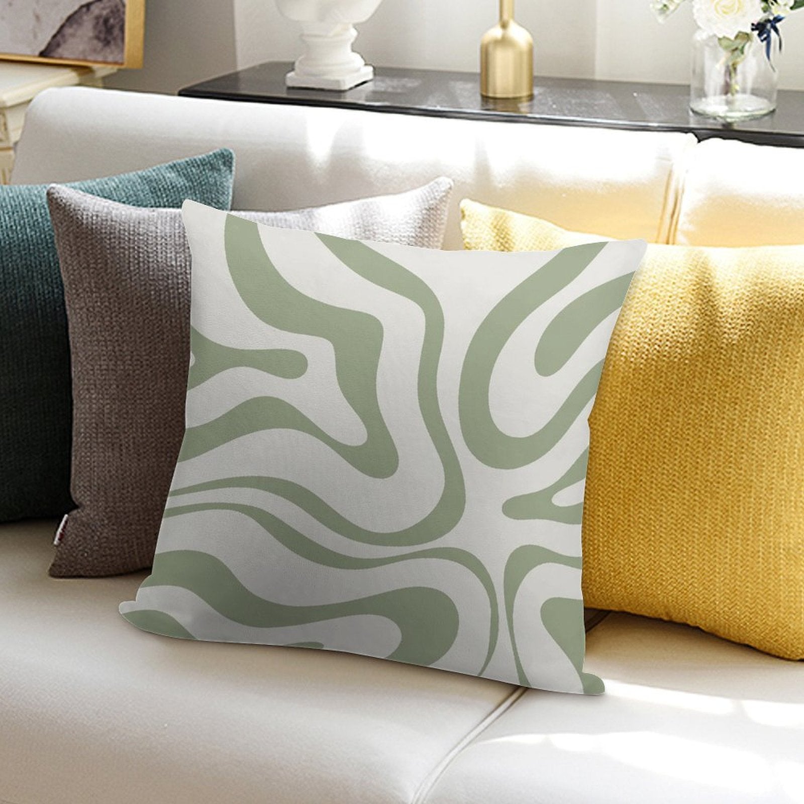 Modern Liquid Swirl Abstract Pattern in Sage Green Tones Soft Warmth Comfort Throw Pillow