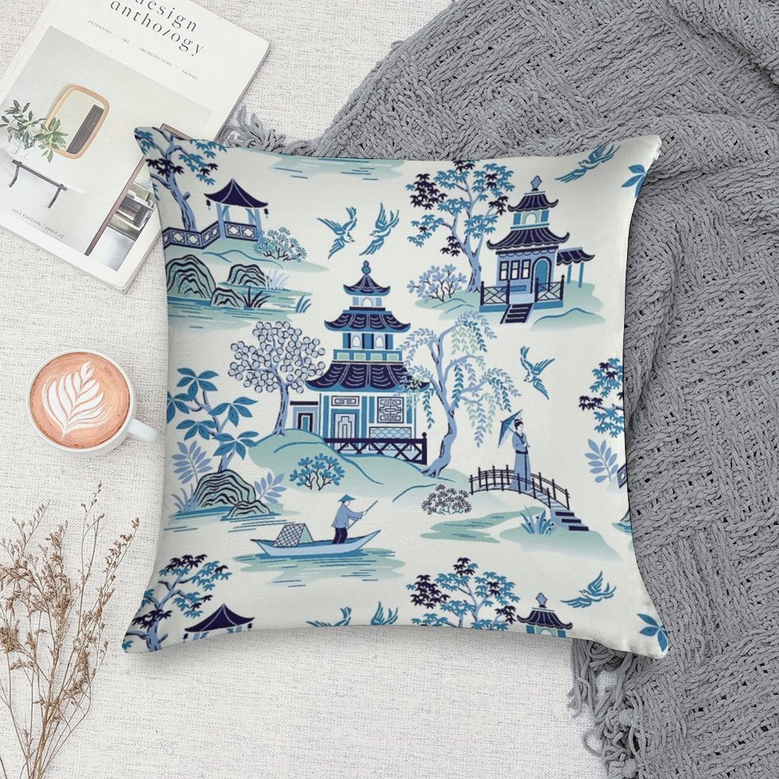 Chinoiserie Blue Soft Shrink-Resistant Throw Pillow