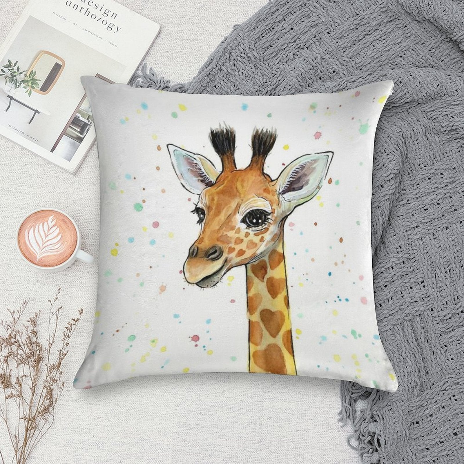 Baby Giraffe with Hearts Watercolor Animal Soft Gift Ready Throw Pillow
