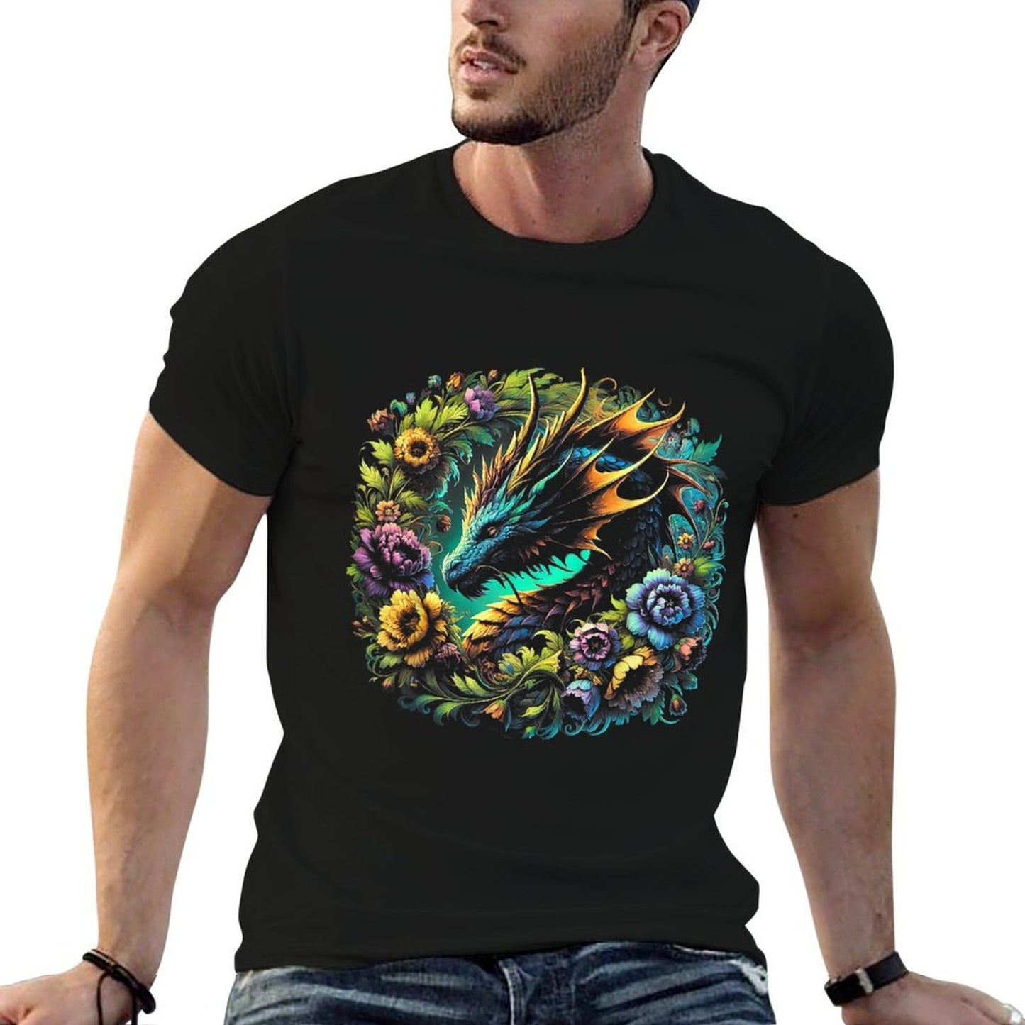 Watercolor Dragon Flowers Beautiful Art Colorful Graphic Summer-ready Fabric T-Shirt