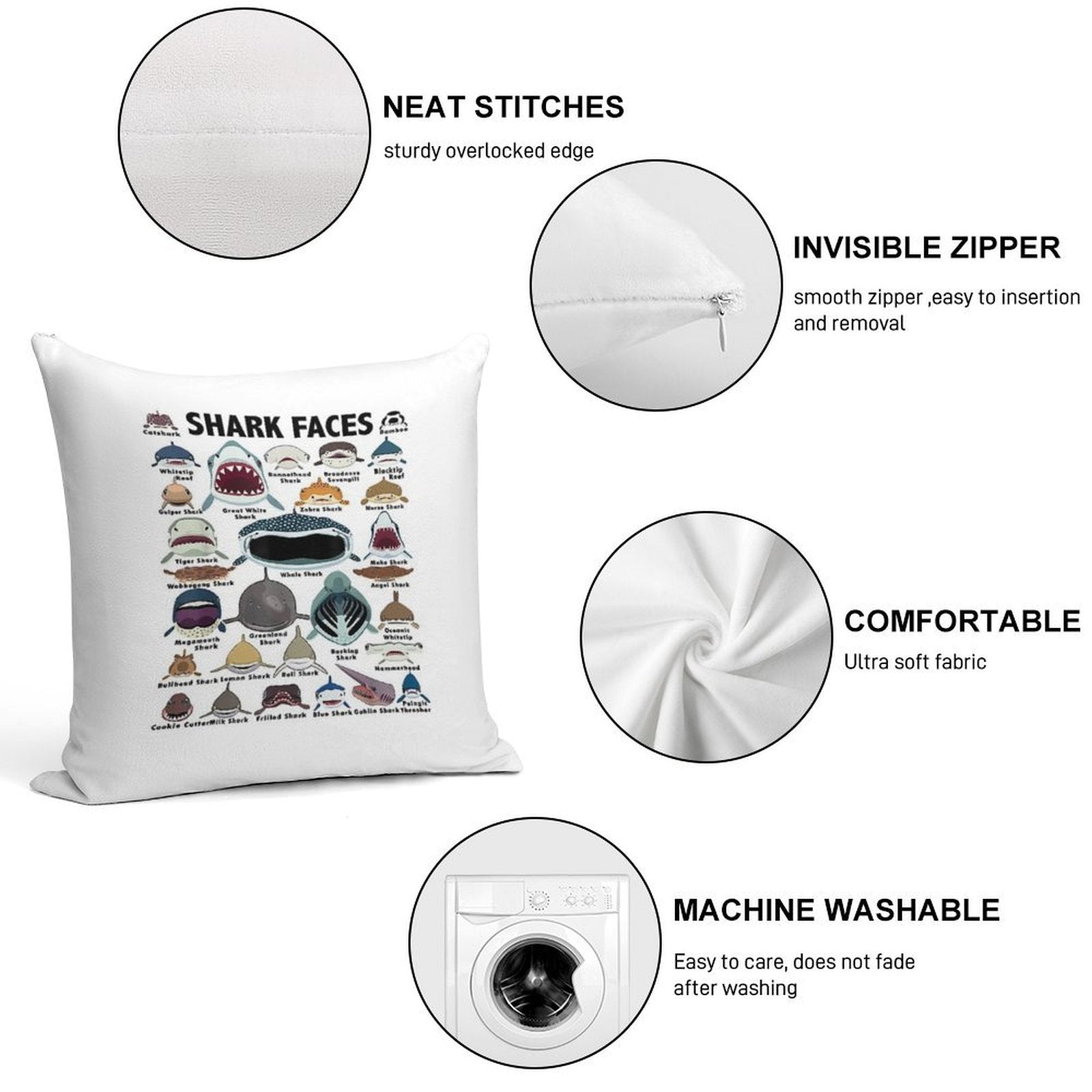 Types Of Shark Identification - Shark Faces - Shark Heart Soft Ultra-Soft Texture Throw Pillow