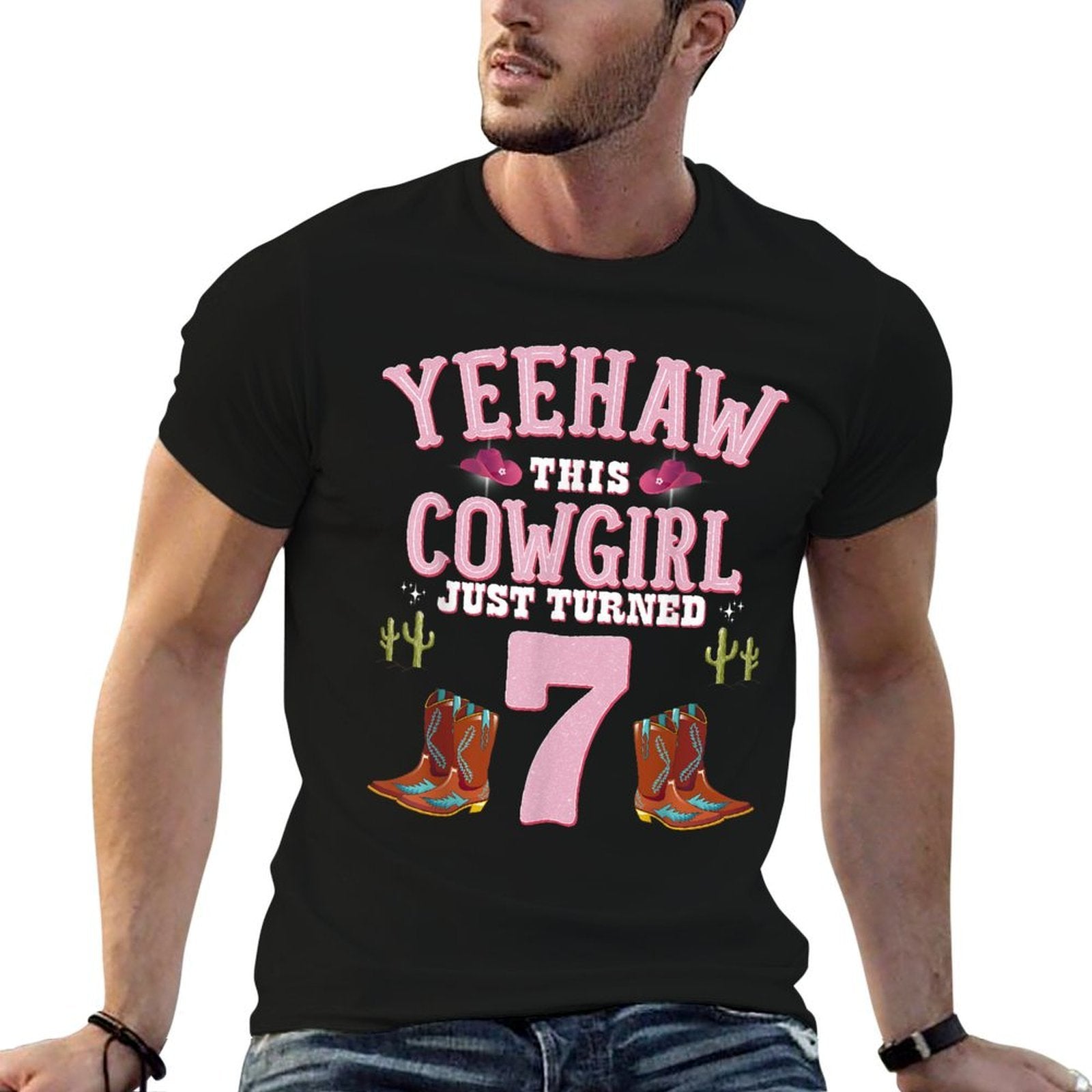 7th Birthday Girls Cowgirl YEEHAW Western Themed Birthday  Rolled Sleeves T-Shirt
