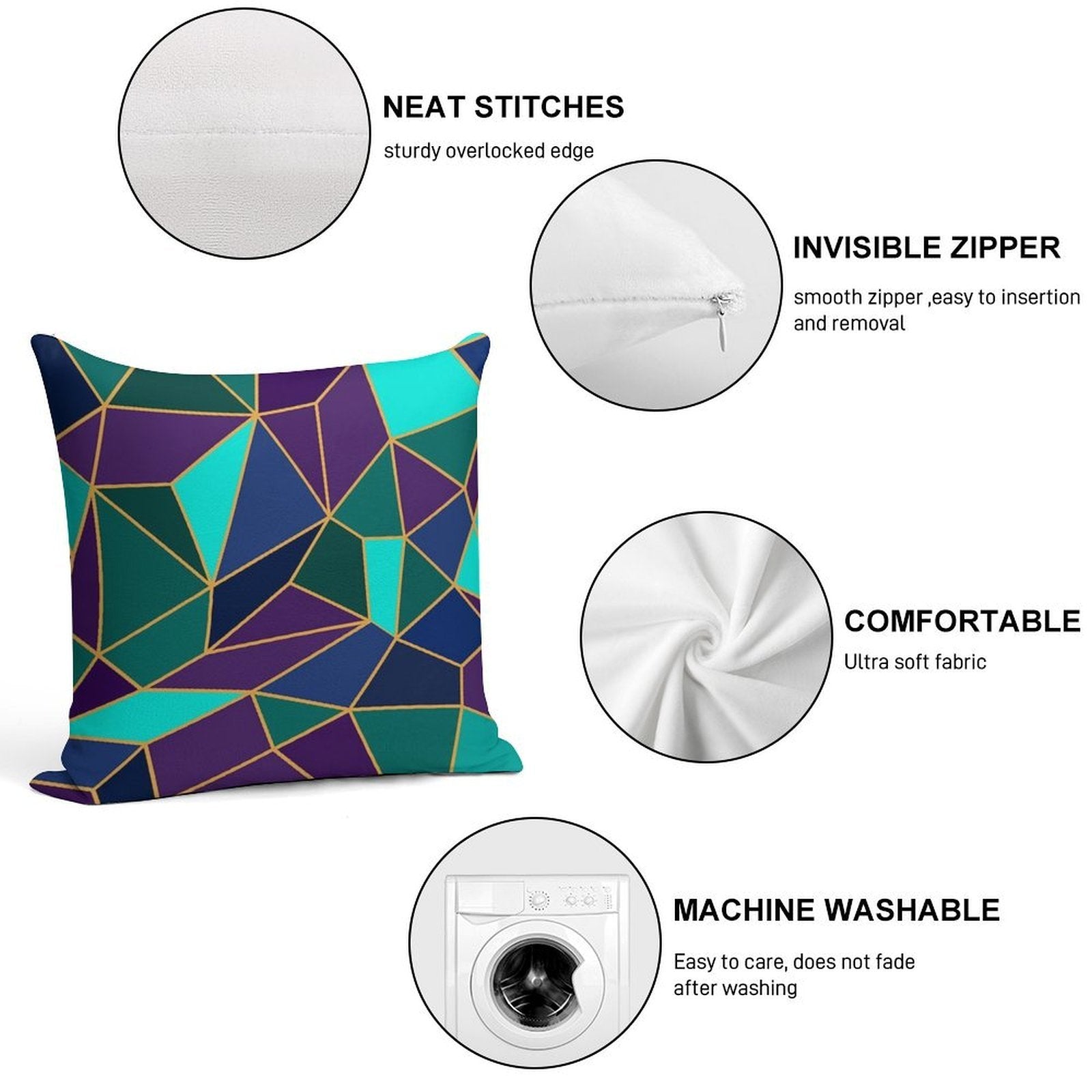 Abstract Geometric Stained Glass Style Purple & Teal Soft Short Plush Fabric Throw Pillow