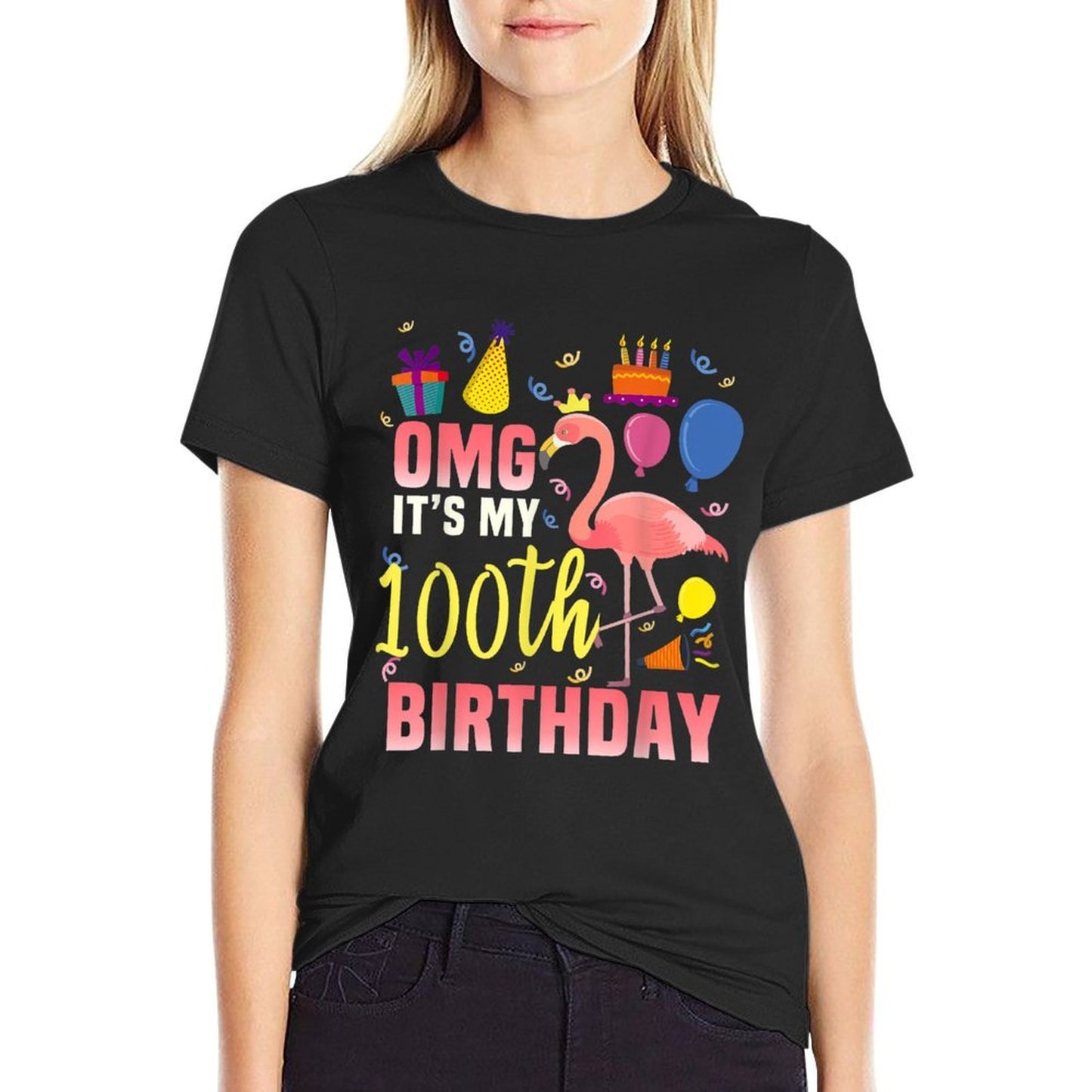 100 Year Old Women Men Gift Flamingo It's My 100th Birthday Ribbed Collar T-Shirt