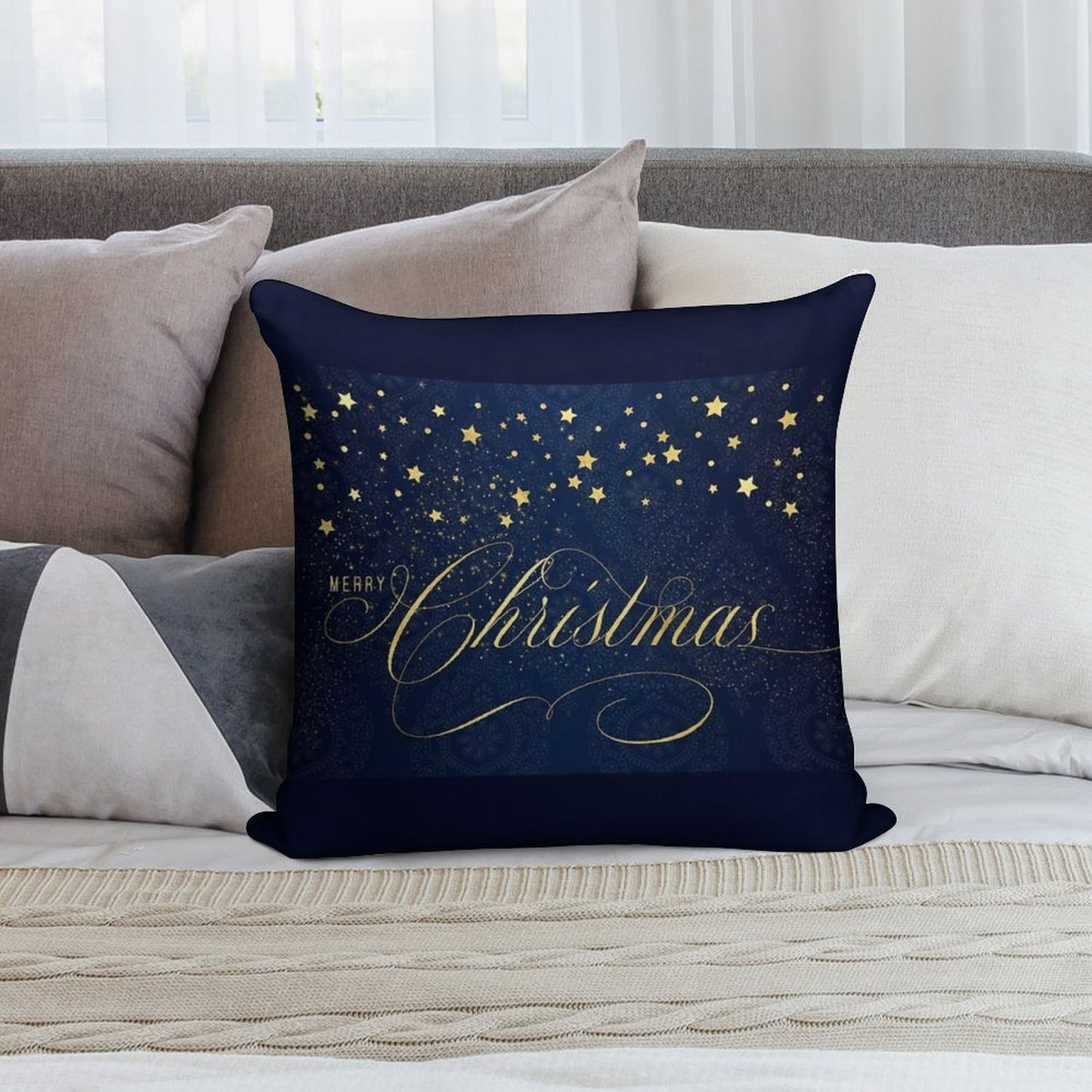 Merry Christmas Navy Blue And Faux Gold Leaf with Stars Soft Short Plush Fabric Throw Pillow