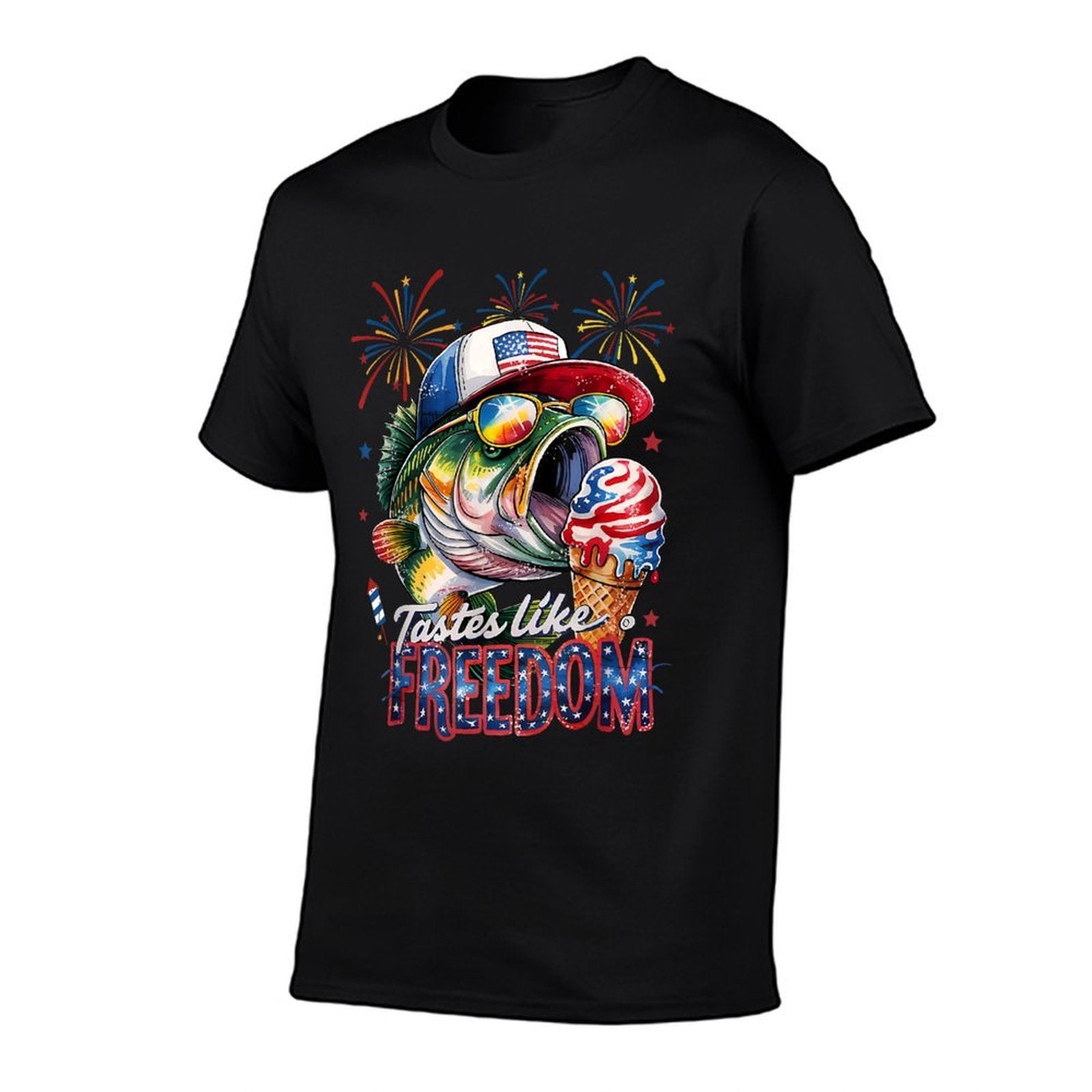 Tastes Like Freedom Bass Fishing Funny 4th of July Men Kids  Easy-care T-Shirt