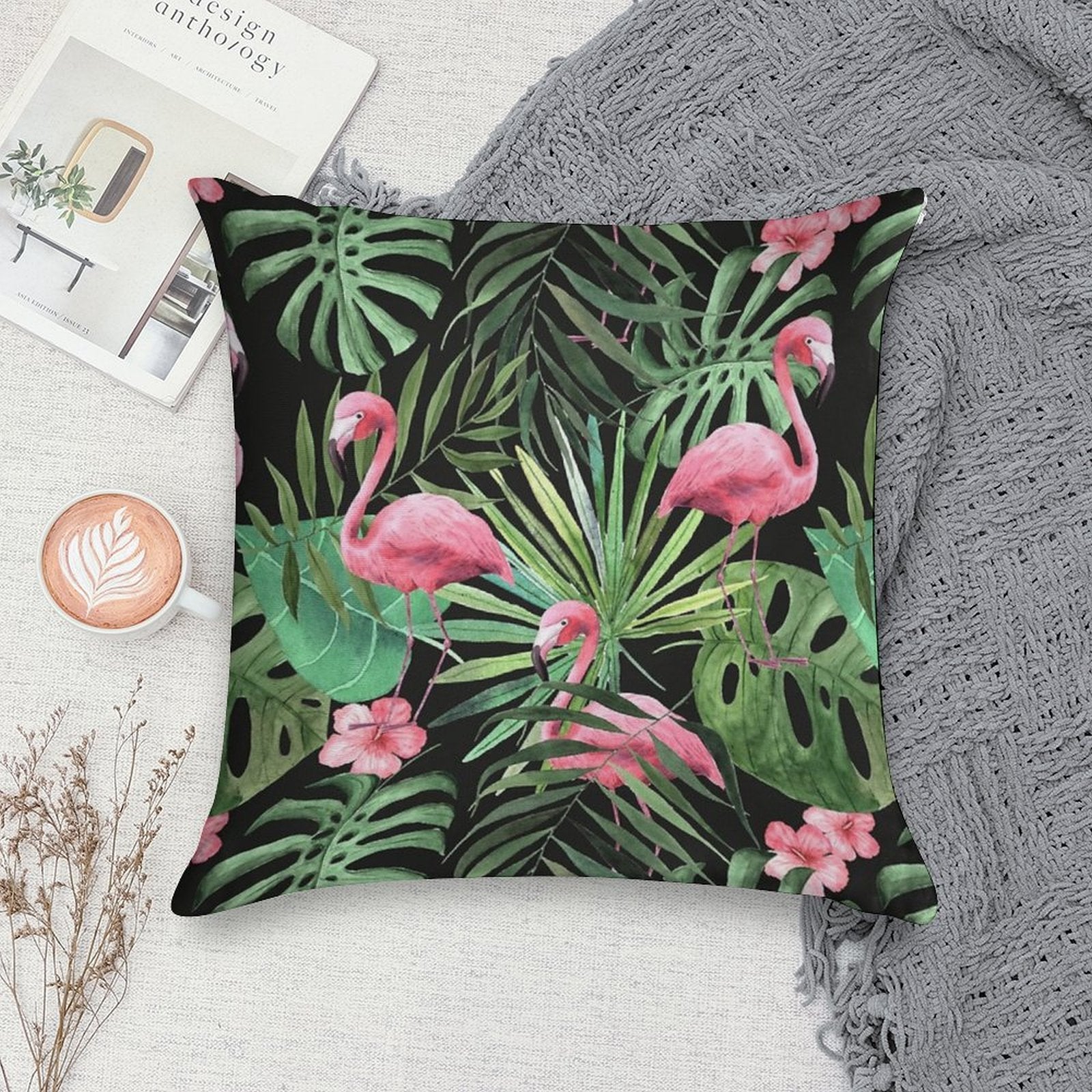Palm Leave With Flamingo Pattern Soft Short Plush Fabric Throw Pillow