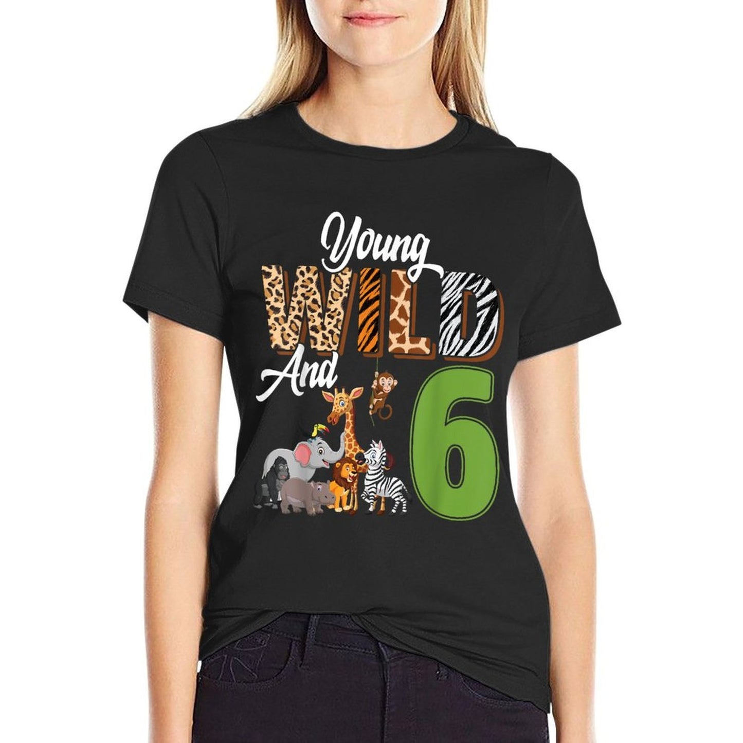 Young Wild And 6 Year Old 6th Birthday Safari Zoo Animal Rolled Sleeves T-Shirt