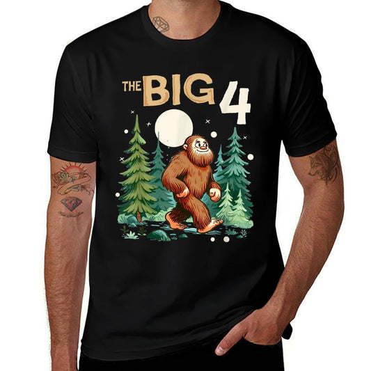 4th Birthday Bigfoot Birthday Party The Big 4 Sasquatch  Rolled Sleeves T-Shirt