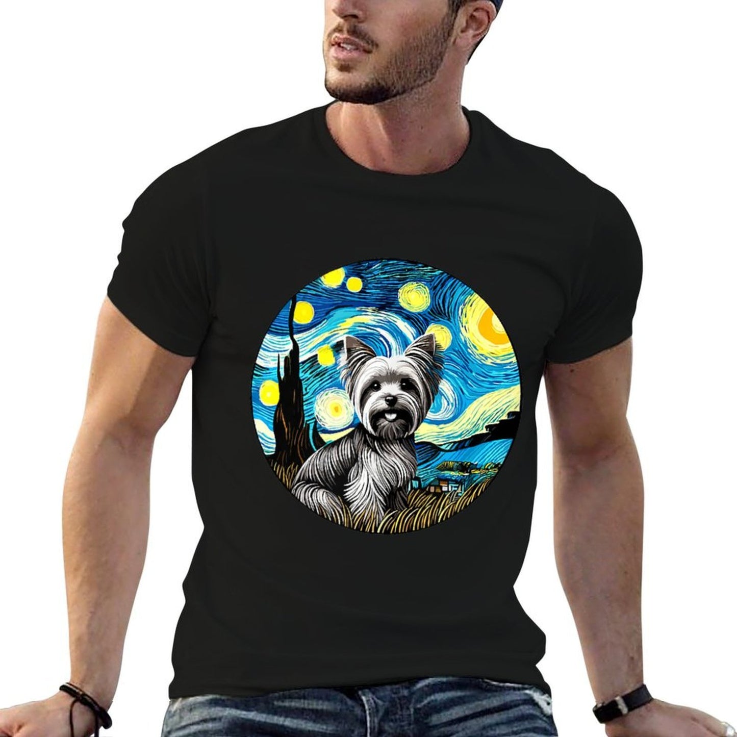 Yorkshire Terrier Yorkie Dog - Van Gogh Starry Night Style Stretchy T-Shirt