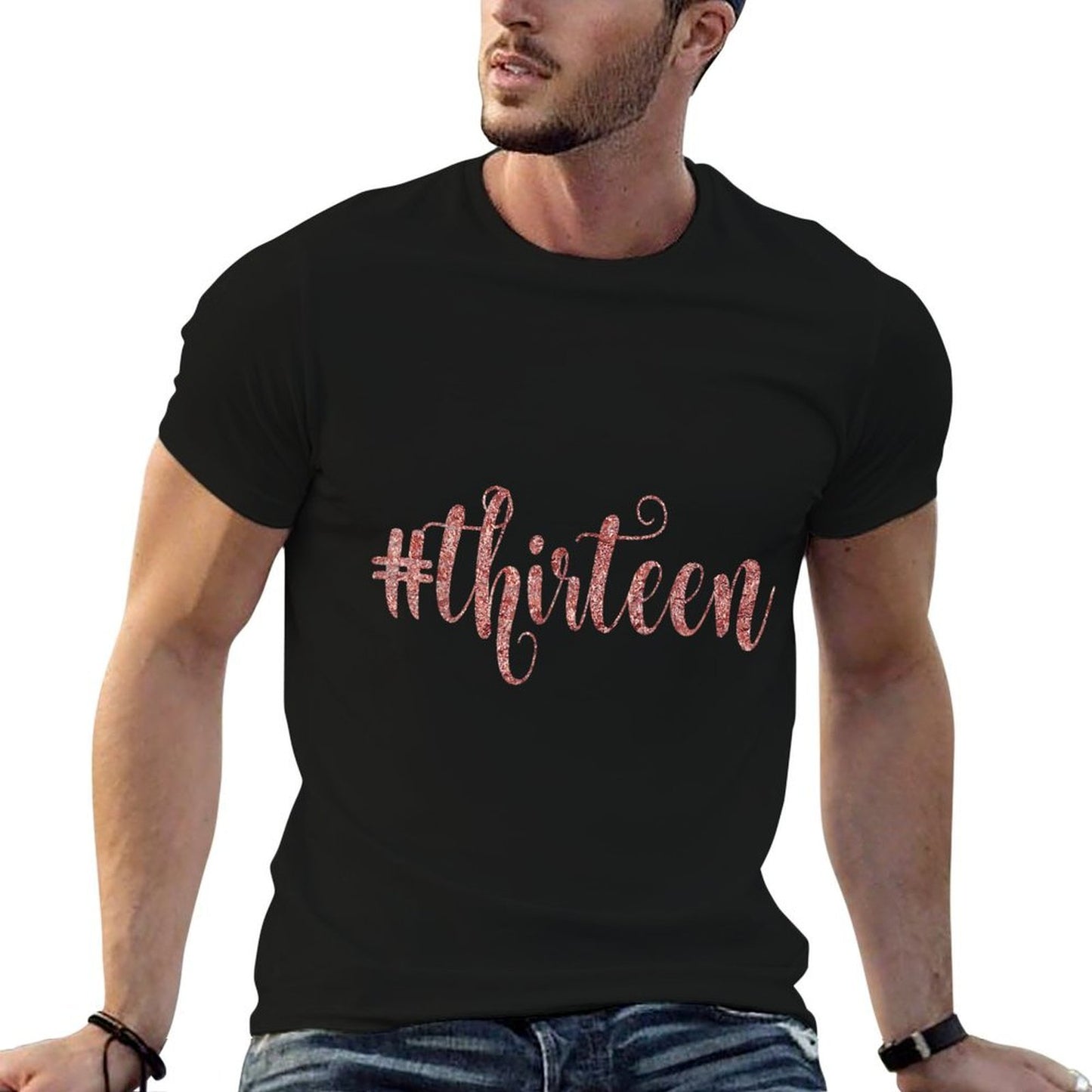 13th Birthday Gift Hashtag Thirteen 13 Rose Glam Ribbed Collar T-Shirt