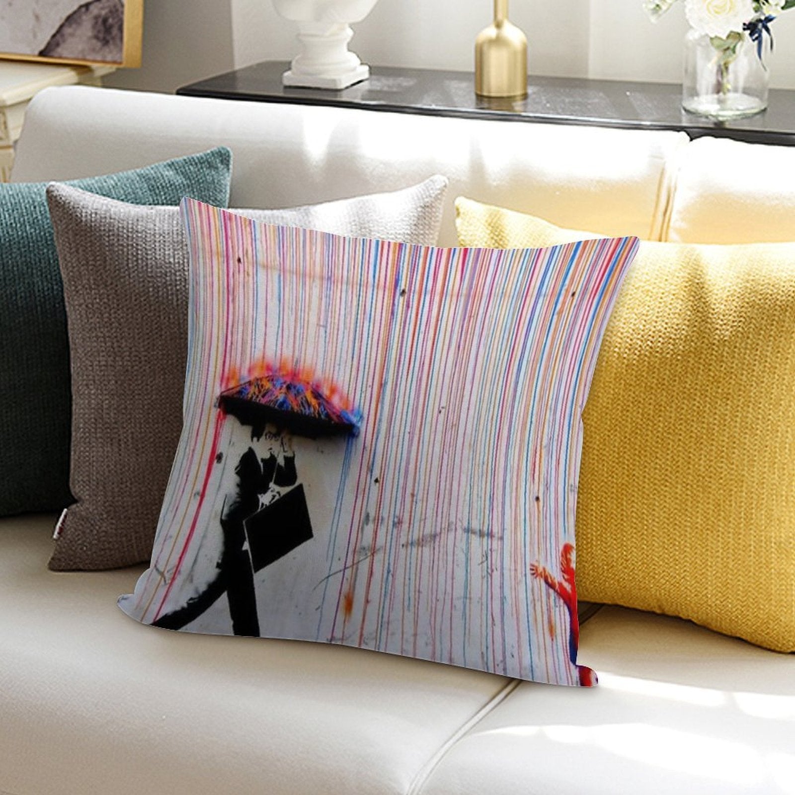 Banksy Rainbow Rain Soft Style Accent Throw Pillow