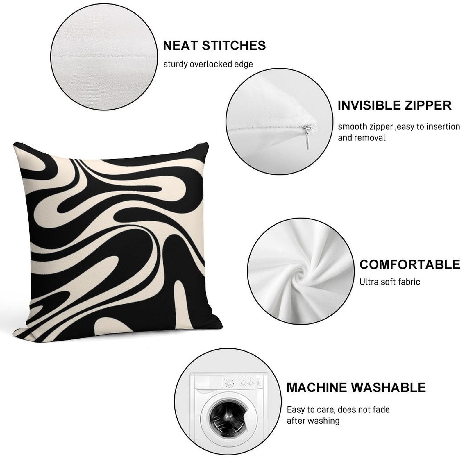 Retro Fantasy Swirl Abstract in Black And Almond Cream Soft Fade-Resistant Throw Pillow