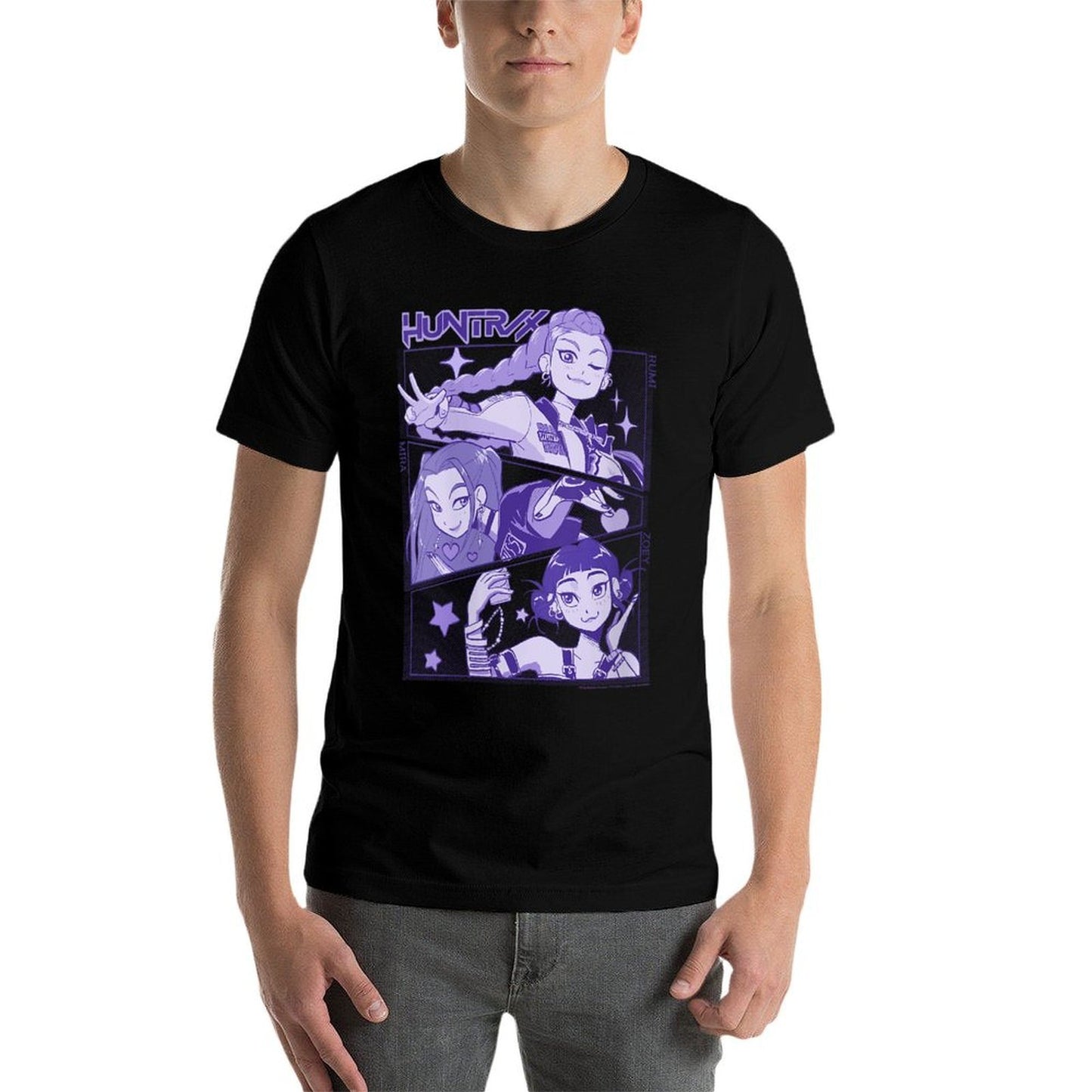 Womens Kpop Demon Hunters Huntrx Cute Animated Panels Heathered Texture T-Shirt