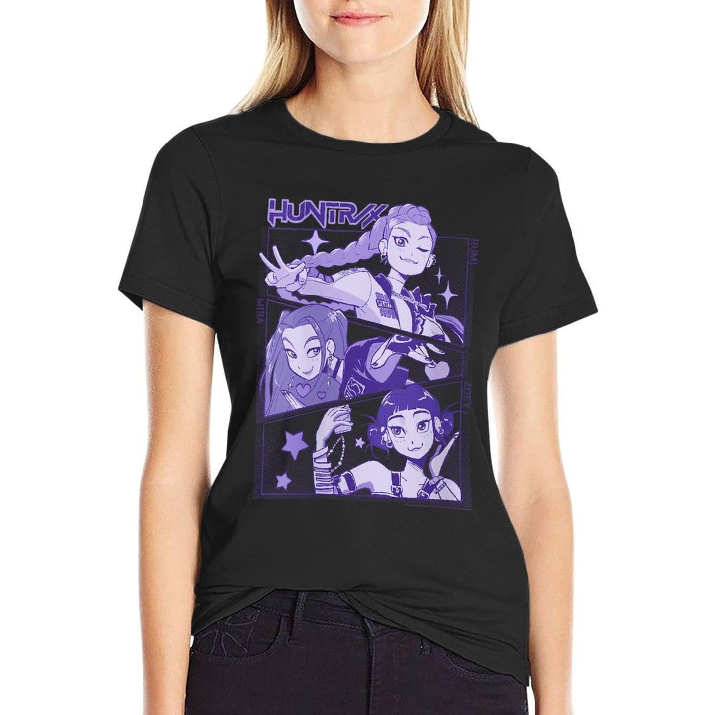 Womens Kpop Demon Hunters Huntrx Cute Animated Panels Heathered Texture T-Shirt