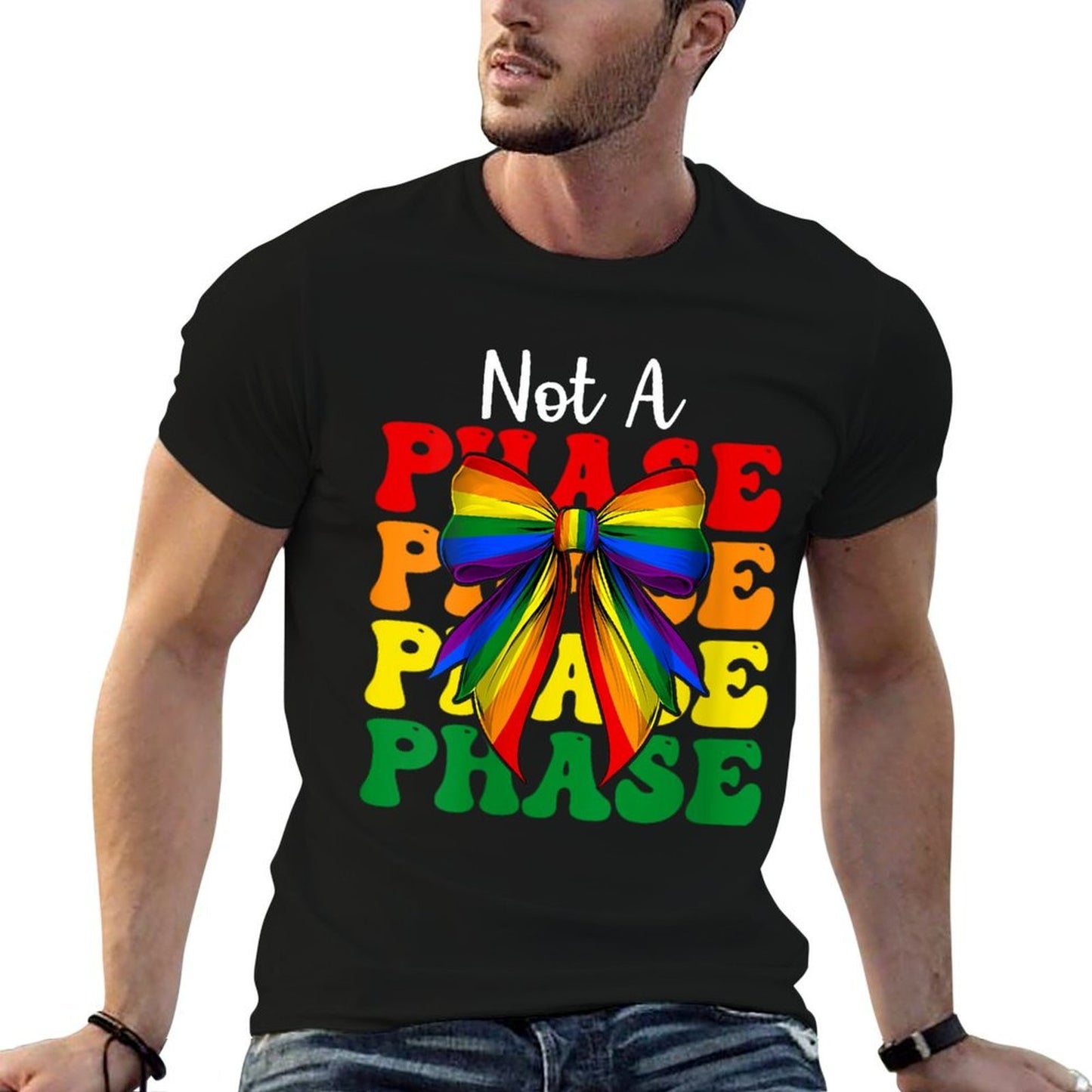 Womens Gay Pride Rainbow LGBTQ Girl Coquette Bow Not A Phase Easy-care T-Shirt