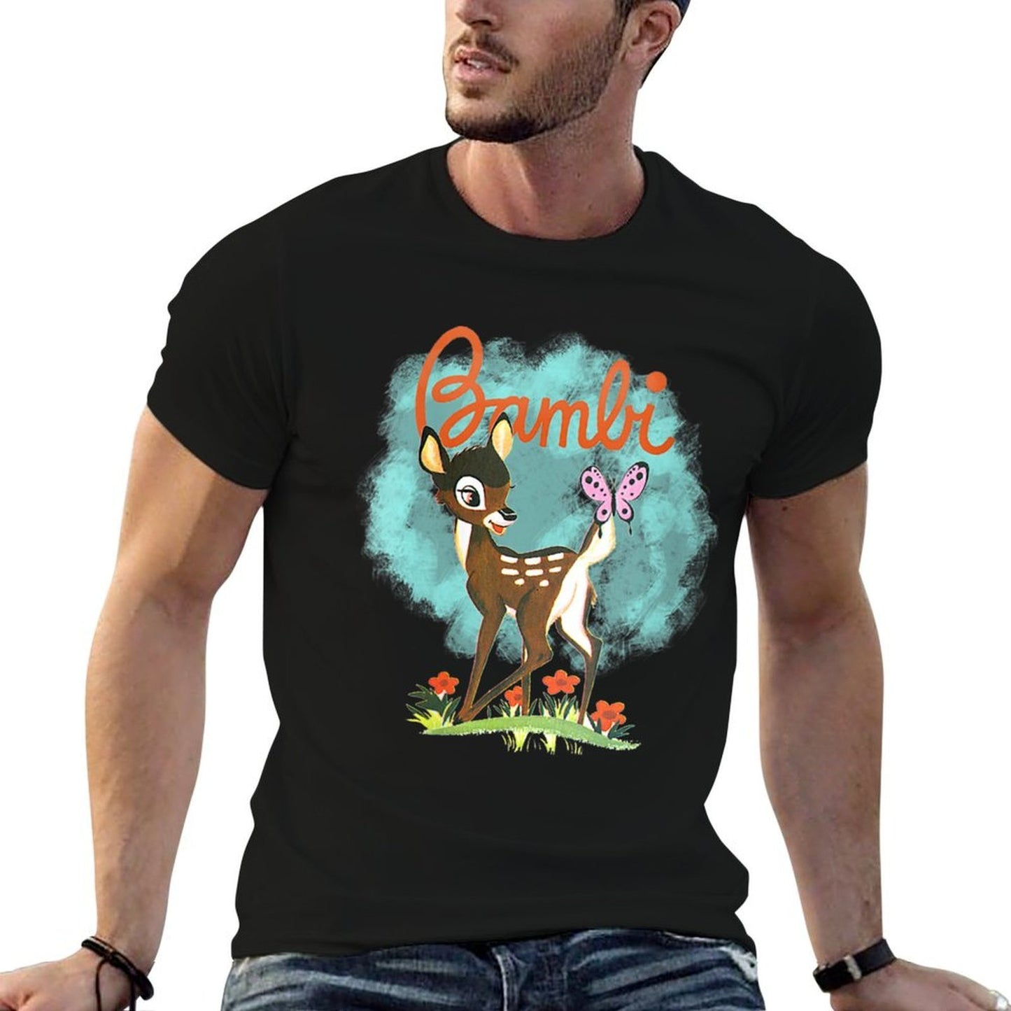 Womens Disney Bambi Cute Bambi Playing Around Watercolor Retro Durable T-Shirt