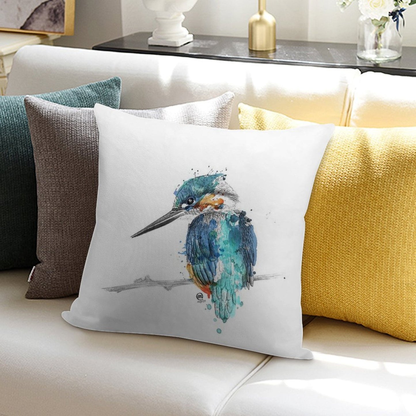 Watercolour Kingfisher Soft Easy Maintenance Throw Pillow
