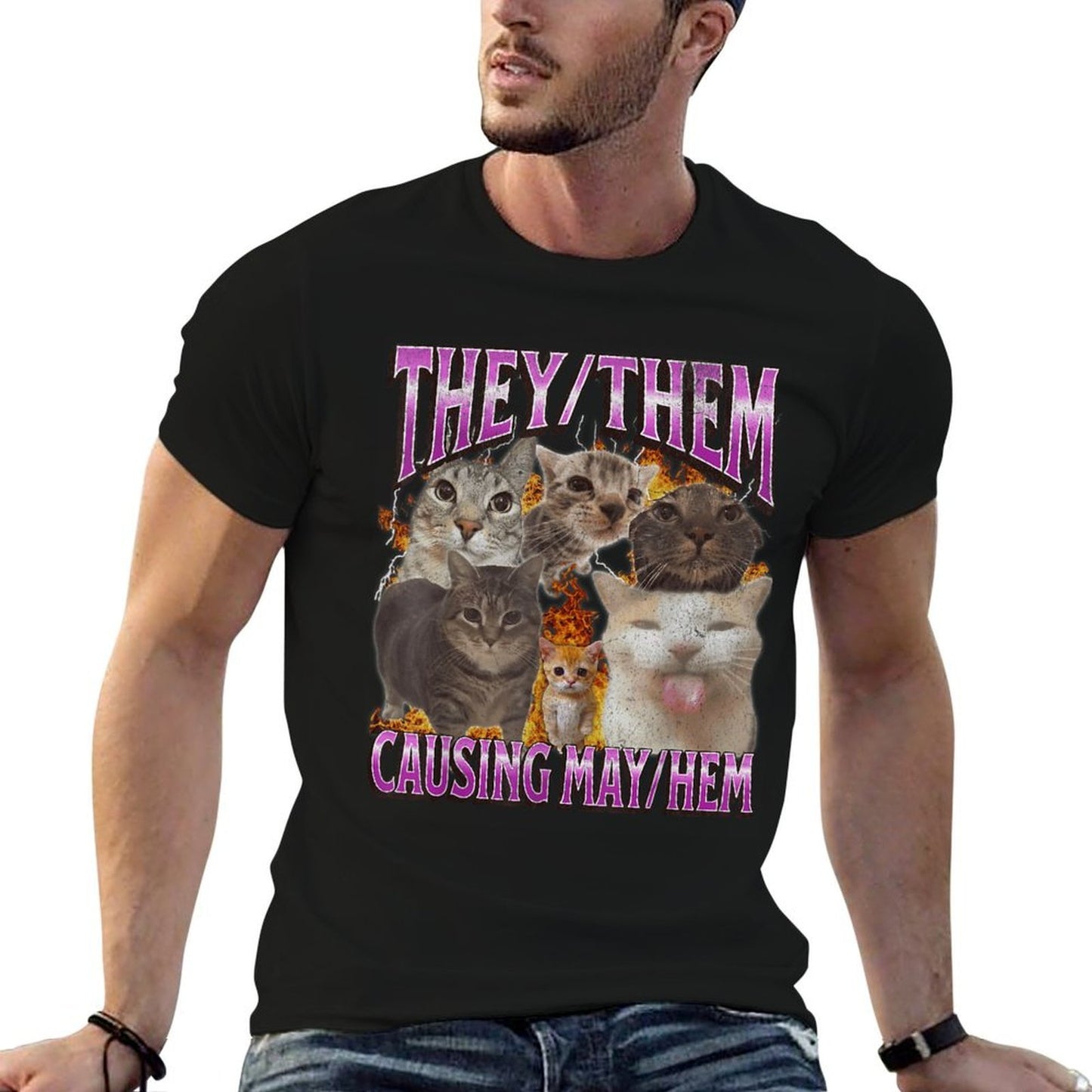 They Them Causing Mayhem Funny Cat Meme Bootleg Graphic Oversized Silhouette T-Shirt