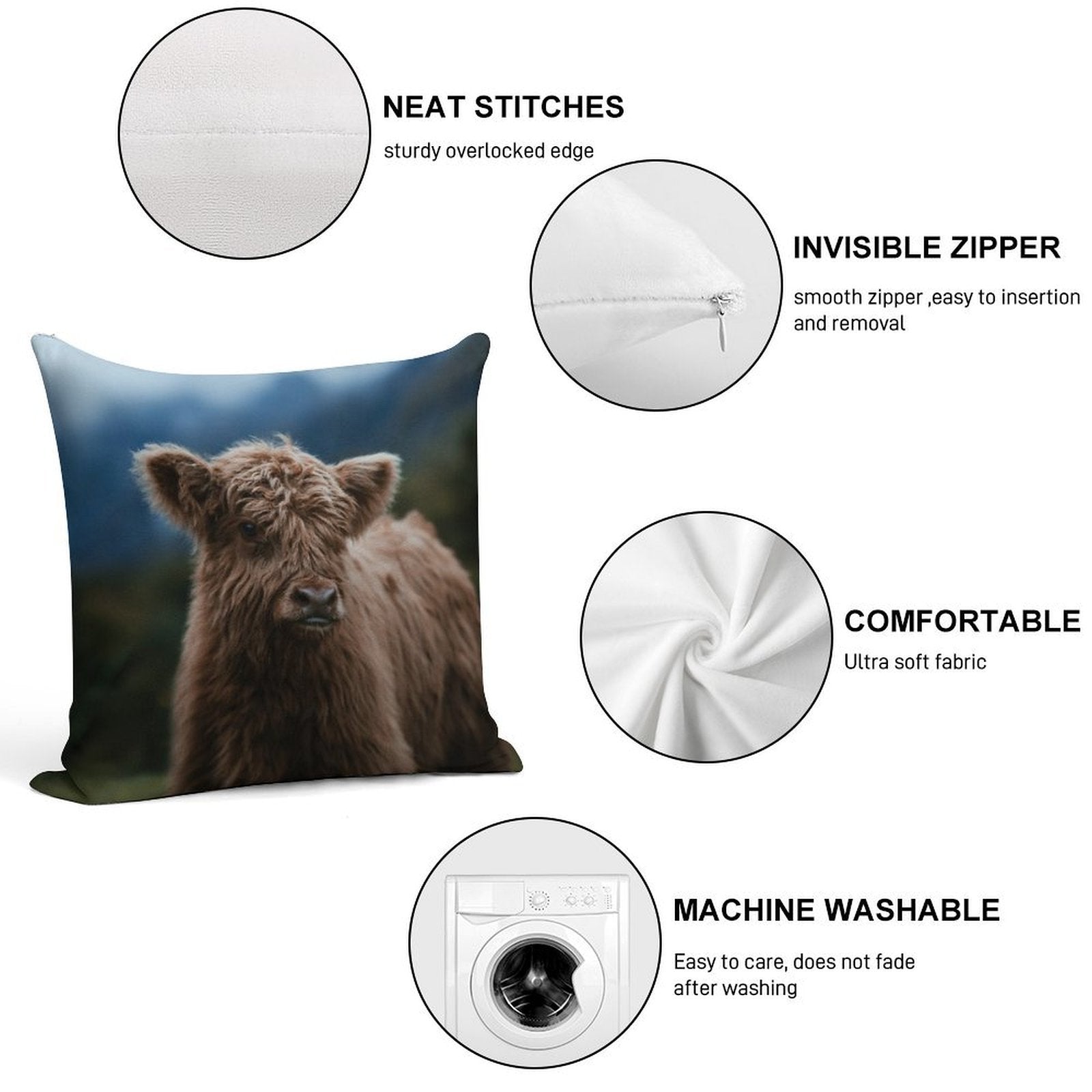 Baby Highland Cow Soft Reinforced Edging Throw Pillow