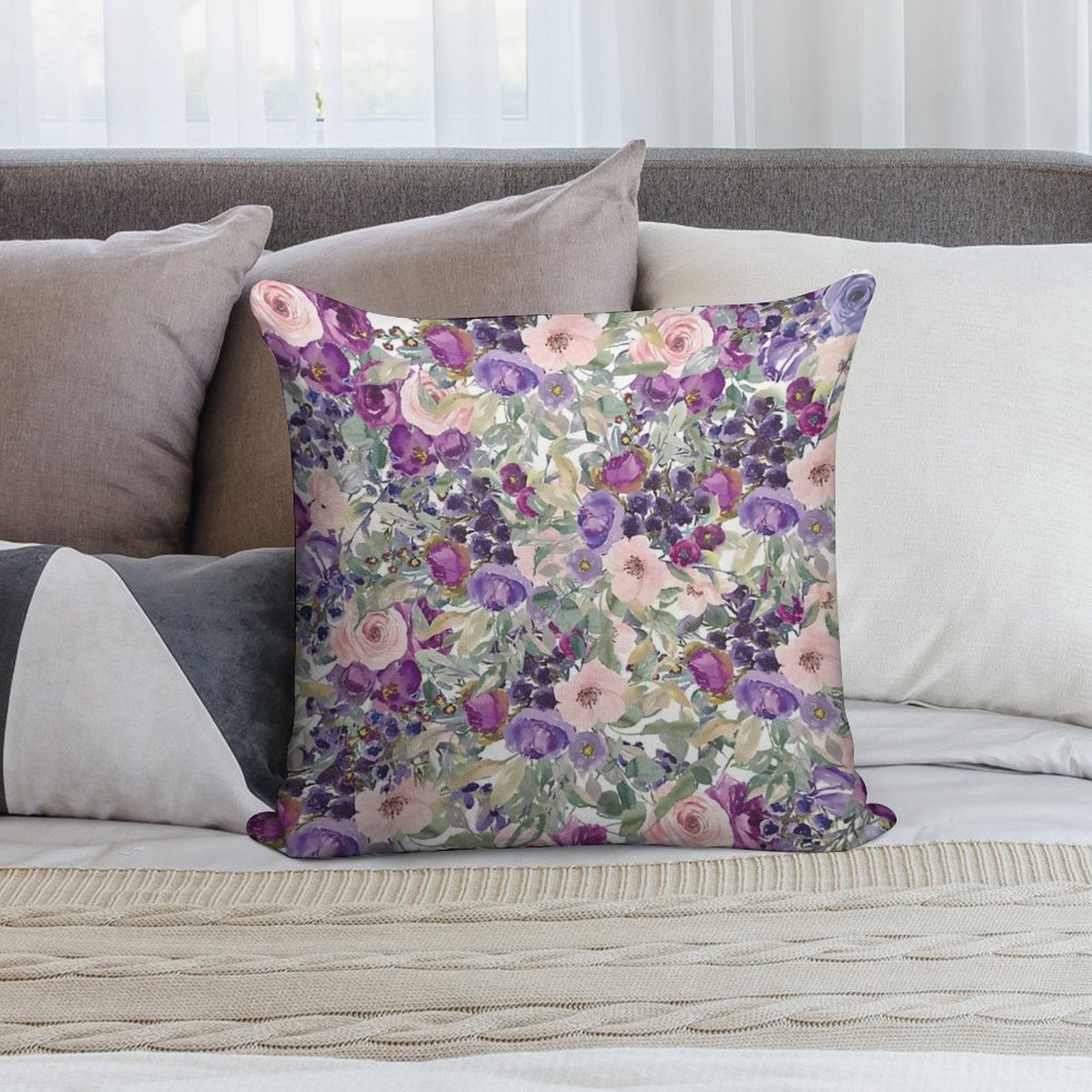 Pink Purple Watercolor Floral Botanical Soft Shrink-Resistant Throw Pillow
