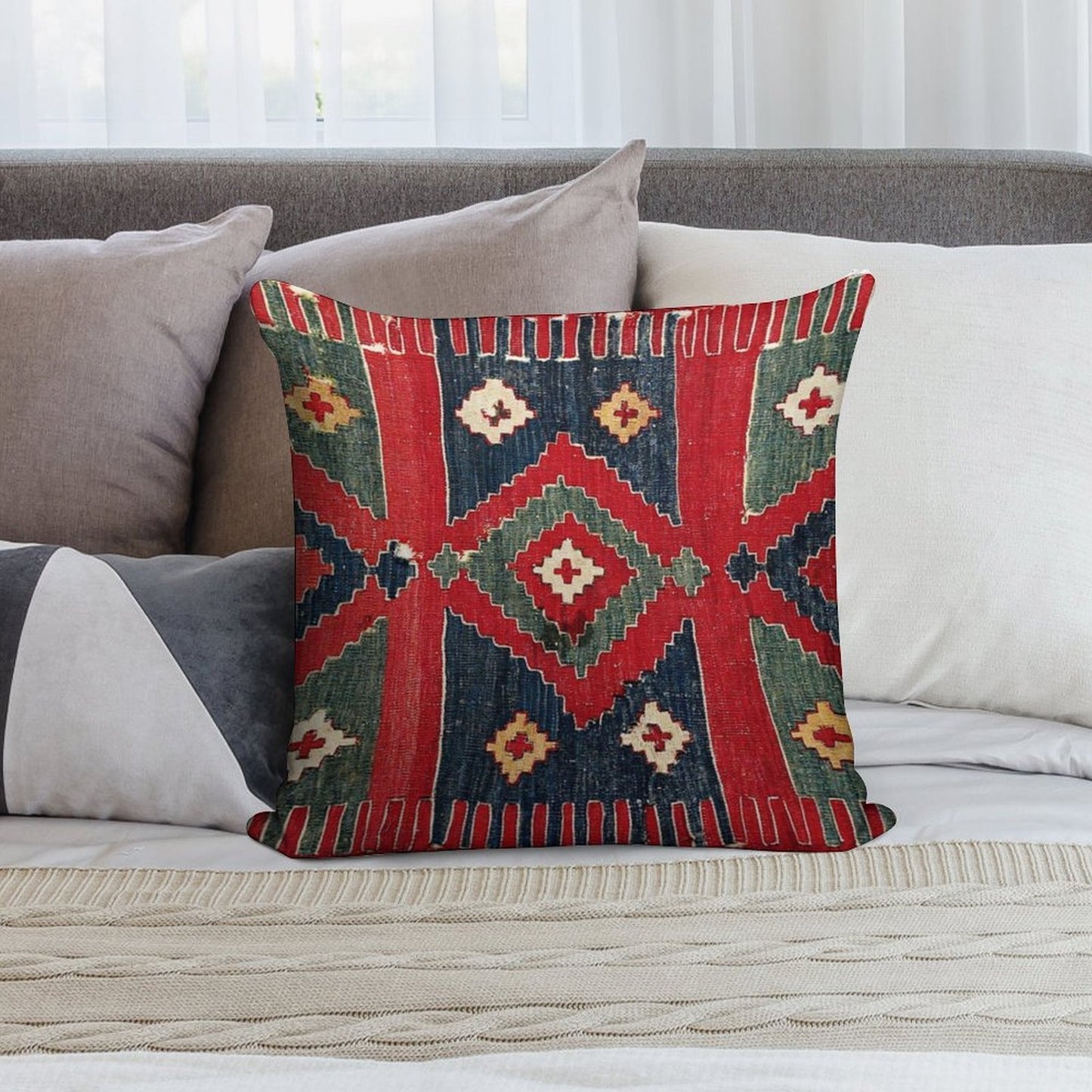 Yüncü Antique Balikesir Turkish Kilim Print Soft Warmth Comfort Throw Pillow